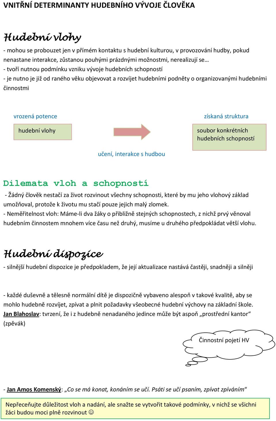 vrozená potence hudební vlohy získaná struktura soubor konkrétních hudebních schopností učení, interakce s hudbou Dilemata vloh a schopností - Žádný člověk nestačí za život rozvinout všechny