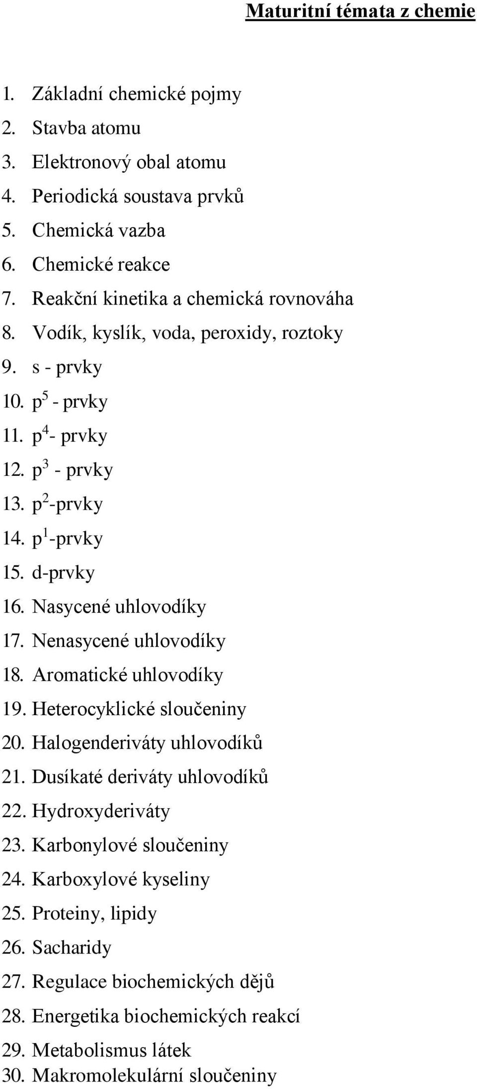 Nasycené uhlovodíky 17. Nenasycené uhlovodíky 18. Aromatické uhlovodíky 19. Heterocyklické sloučeniny 20. Halogenderiváty uhlovodíků 21. Dusíkaté deriváty uhlovodíků 22.