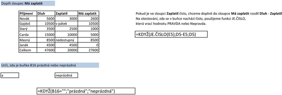 ČISLO, Gajdoš 10500 v pátek 10500 která vrací hodnotu PRAVDA nebo Nepravda. Starý 3500 2500 1000 Carda 15000 10000 5000 =KDYŽ(JE.