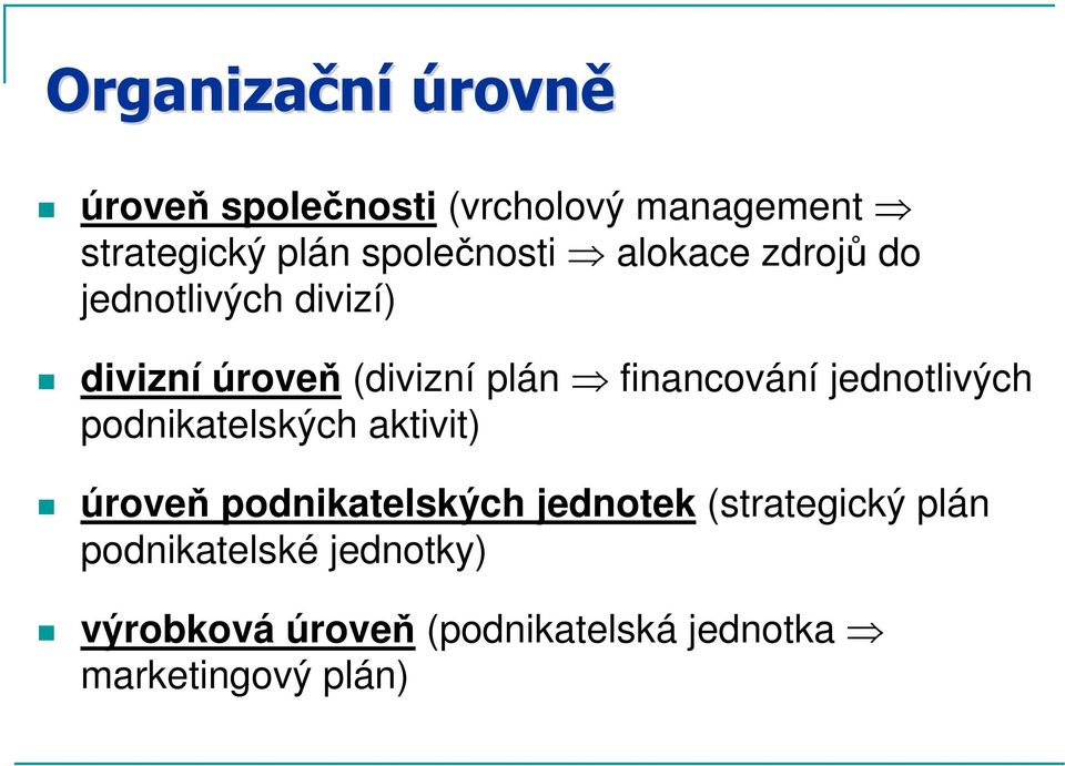 financování jednotlivých podnikatelských aktivit) úroveň podnikatelských jednotek