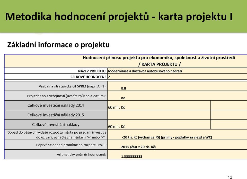 1): Projednáno s veřejností (uveďte způsob a datum): Celkové investiční náklady 2014 Celkové investiční náklady 2015 B.II ne 60 mil.