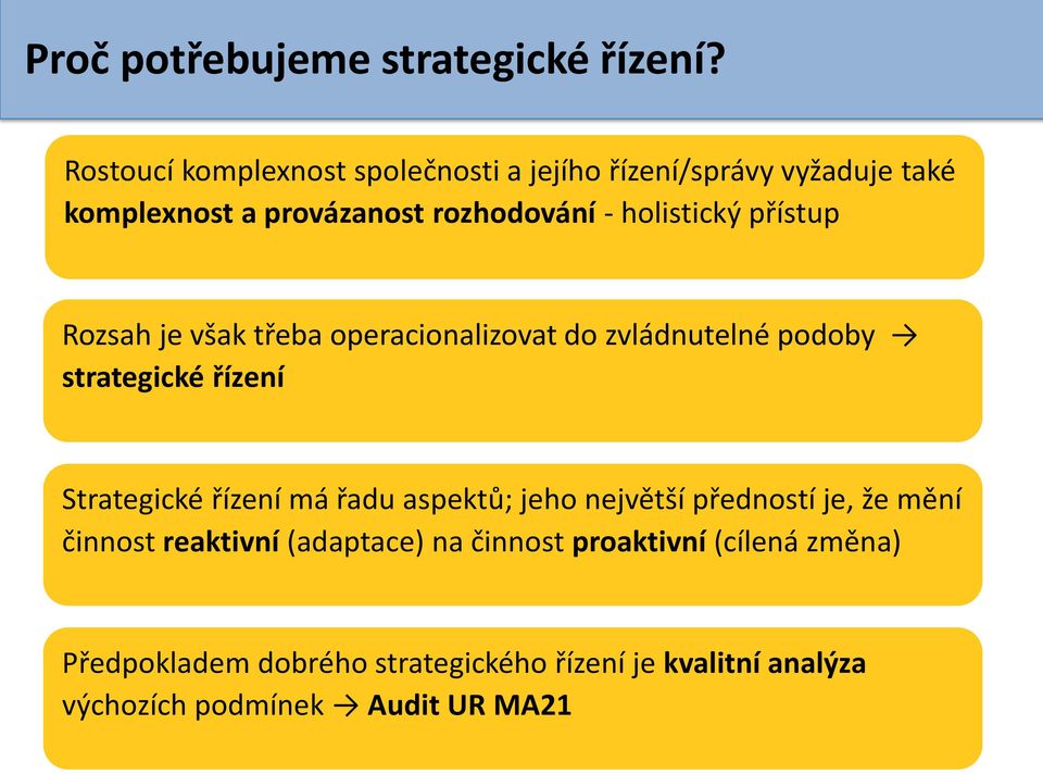 holistický přístup Rozsah je však třeba operacionalizovat do zvládnutelné podoby strategické řízení Strategické řízení