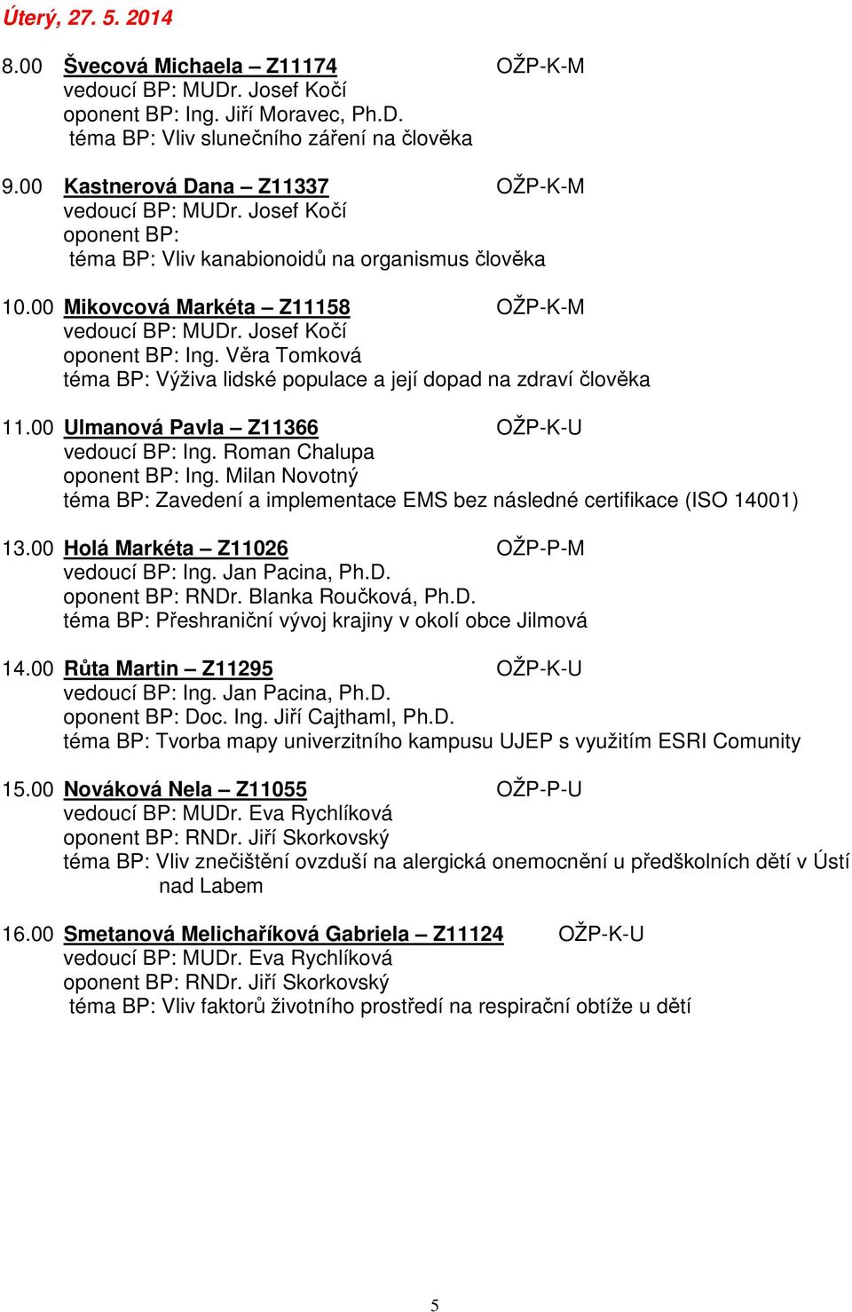 Josef Kočí oponent BP: Ing. Věra Tomková téma BP: Výživa lidské populace a její dopad na zdraví člověka 11.00 Ulmanová Pavla Z11366 OŽP-K-U vedoucí BP: Ing. Roman Chalupa oponent BP: Ing.
