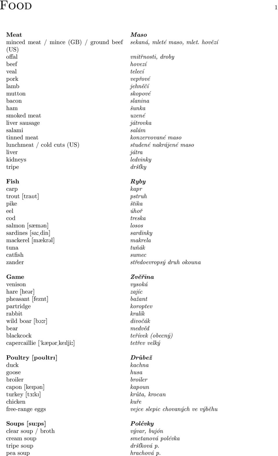 capercaillie ["kæp@rkeilji:] Poultry [poultri] duck goose broiler capon [keip@n] turkey [t3:ki] chicken free-range eggs Maso sekaná, mleté maso, mlet.