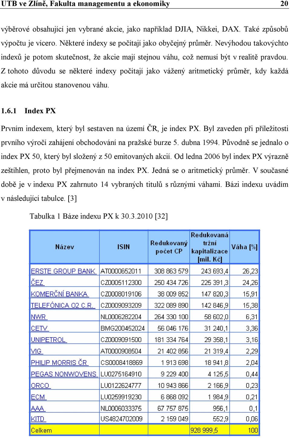 Z tohoto důvodu se některé indexy počítají jako vážený aritmetický průměr, kdy každá akcie má určitou stanovenou váhu. 1.6.1 Index PX Prvním indexem, který byl sestaven na území ČR, je index PX.