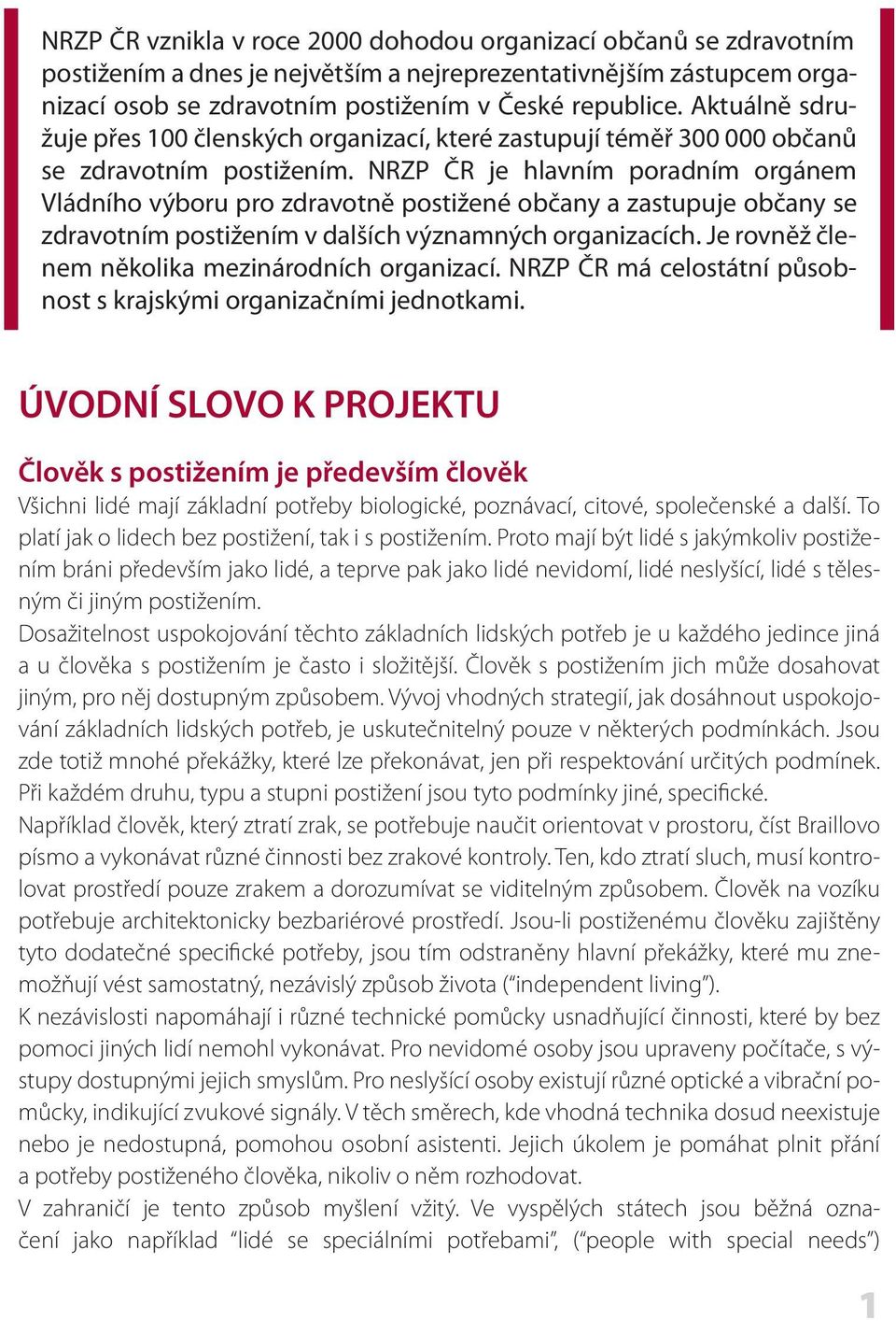 NRZP ČR je hlavním poradním orgánem Vládního výboru pro zdravotně postižené občany a zastupuje občany se zdravotním postižením v dalších významných organizacích.