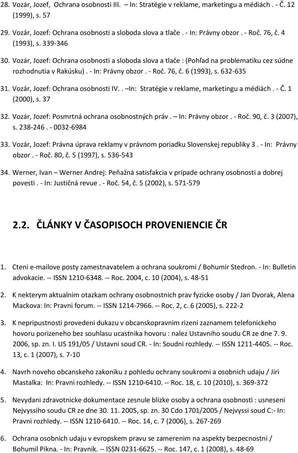 632-635 31. Vozár, Jozef: Ochrana osobnosti IV.. In: Stratégie v reklame, marketingu a médiách. - Č. 1 (2000), s. 37 32. Vozár, Jozef: Posmrtná ochrana osobnostných práv. In: Právny obzor. - Roč.