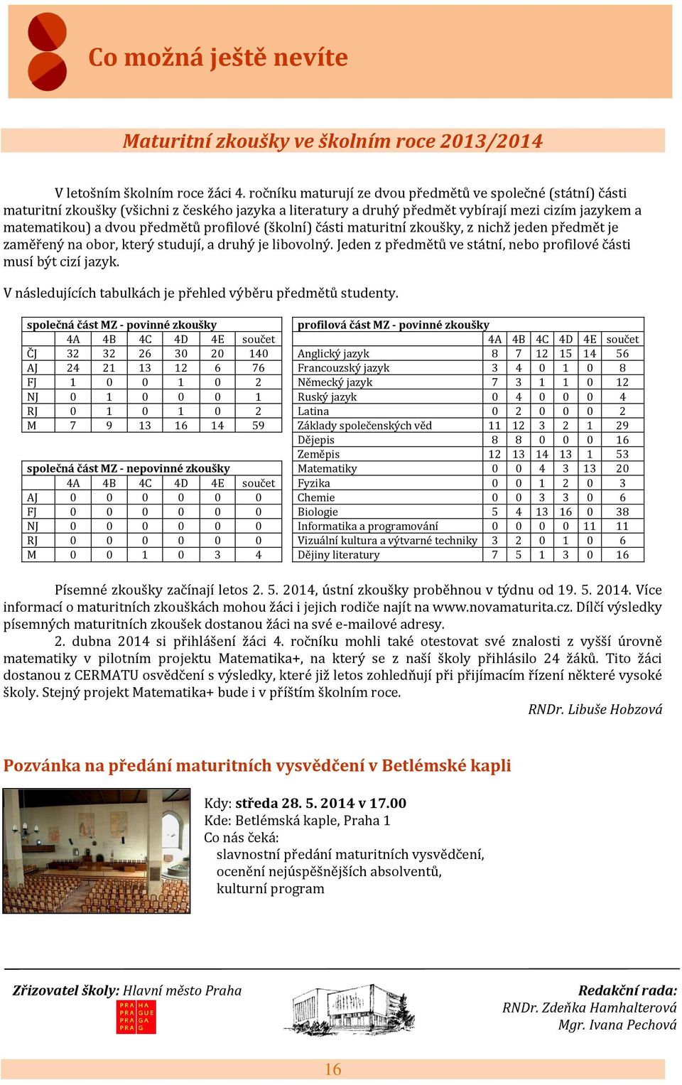 profilové (školní) části maturitní zkoušky, z nichž jeden předmět je zaměřený na obor, který studují, a druhý je libovolný. Jeden z předmětů ve státní, nebo profilové části musí být cizí jazyk.