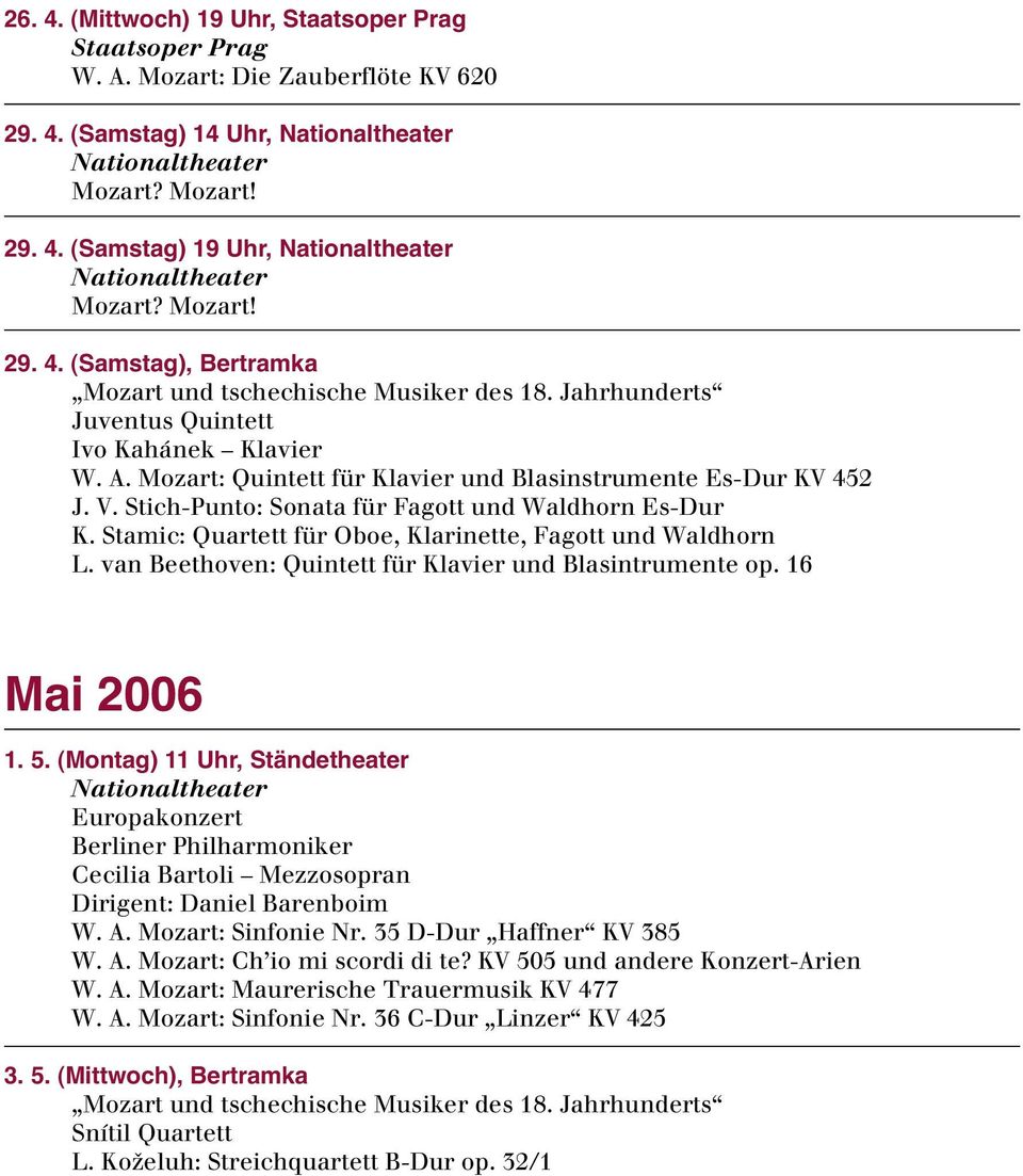 Stamic: Quartett für Oboe, Klarinette, Fagott und Waldhorn L. van Beethoven: Quintett für Klavier und Blasintrumente op. 16 Mai 2006 1. 5.