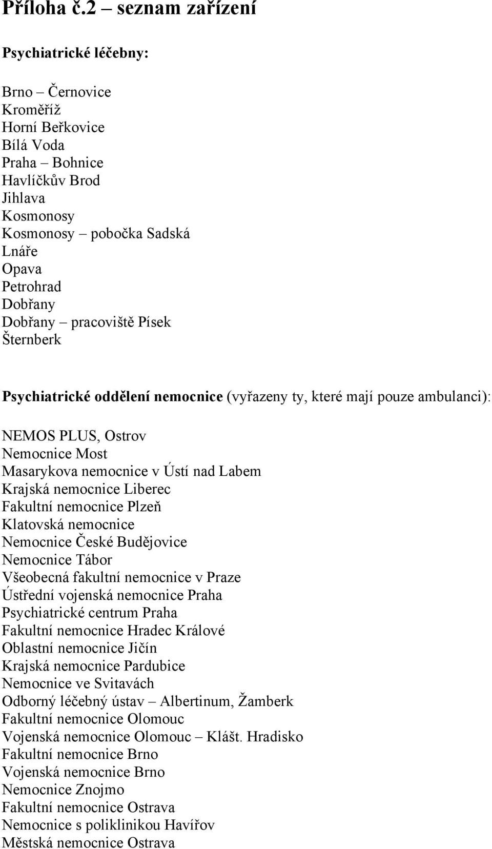 Dobřany pracoviště Písek Šternberk Psychiatrické oddělení nemocnice (vyřazeny ty, které mají pouze ambulanci): NEMOS PLUS, Ostrov Nemocnice Most Masarykova nemocnice v Ústí nad Labem Krajská