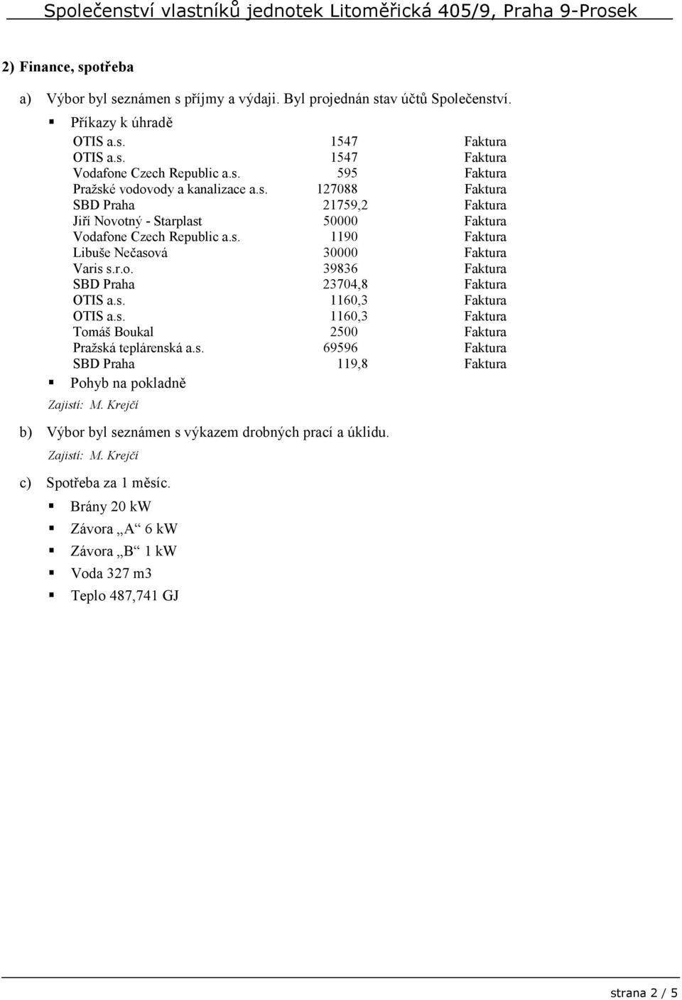 s. 1160,3 Faktura OTIS a.s. 1160,3 Faktura Tomáš Boukal 2500 Faktura Pražská teplárenská a.s. 69596 Faktura SBD Praha 119,8 Faktura Pohyb na pokladně Zajistí: M.