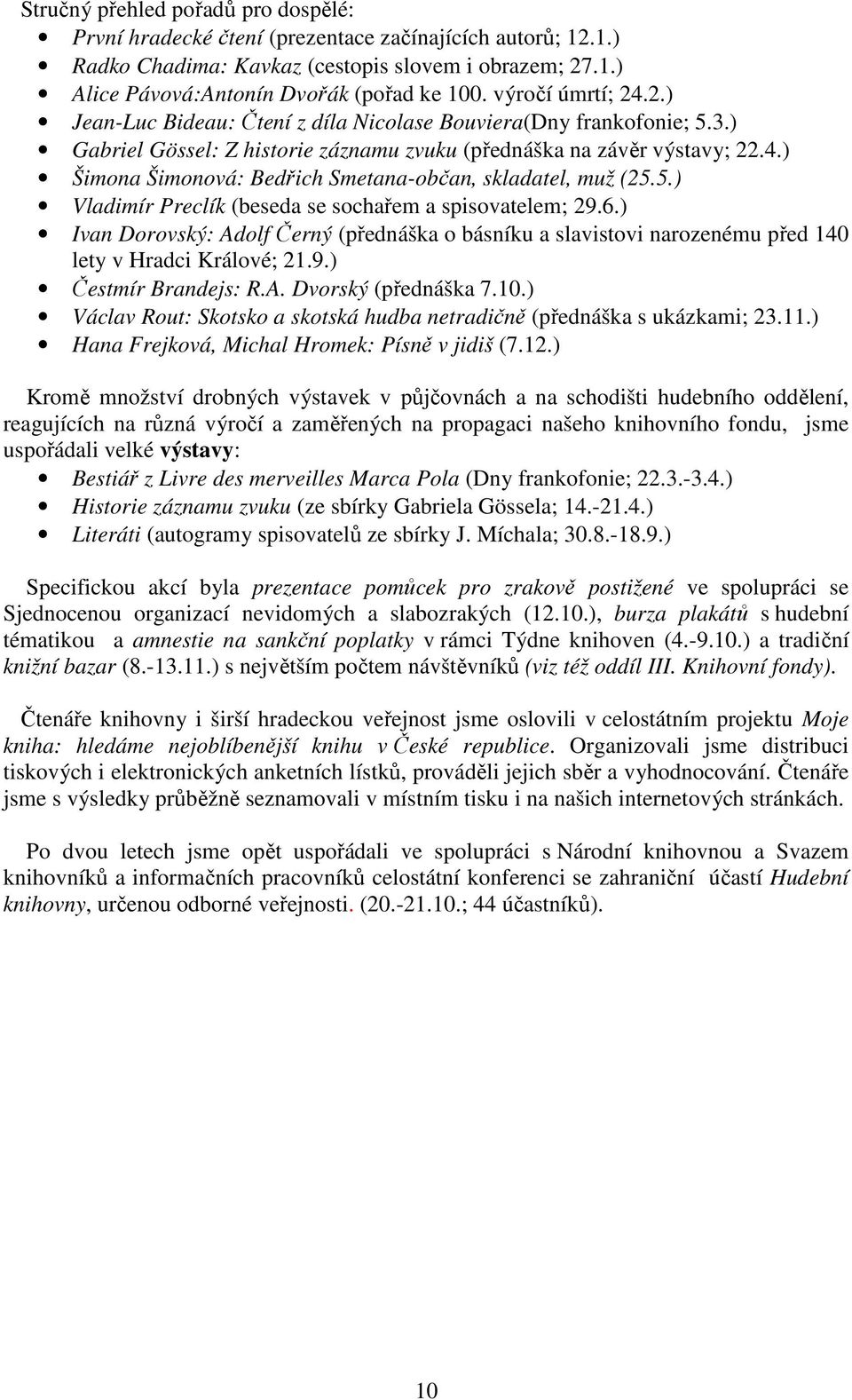 5.) Vladimír Preclík (beseda se sochařem a spisovatelem; 29.6.) Ivan Dorovský: Adolf Černý (přednáška o básníku a slavistovi narozenému před 140 lety v Hradci Králové; 21.9.) Čestmír Brandejs: R.A. Dvorský (přednáška 7.