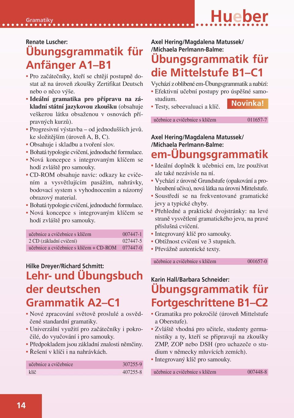 ke složitějším (úroveň A, B, C). Obsahuje i skladbu a tvoření slov. Bohatá typologie cvičení, jednoduché formulace. Nová koncepce s integrovaným klíčem se hodí zvláště pro samouky.