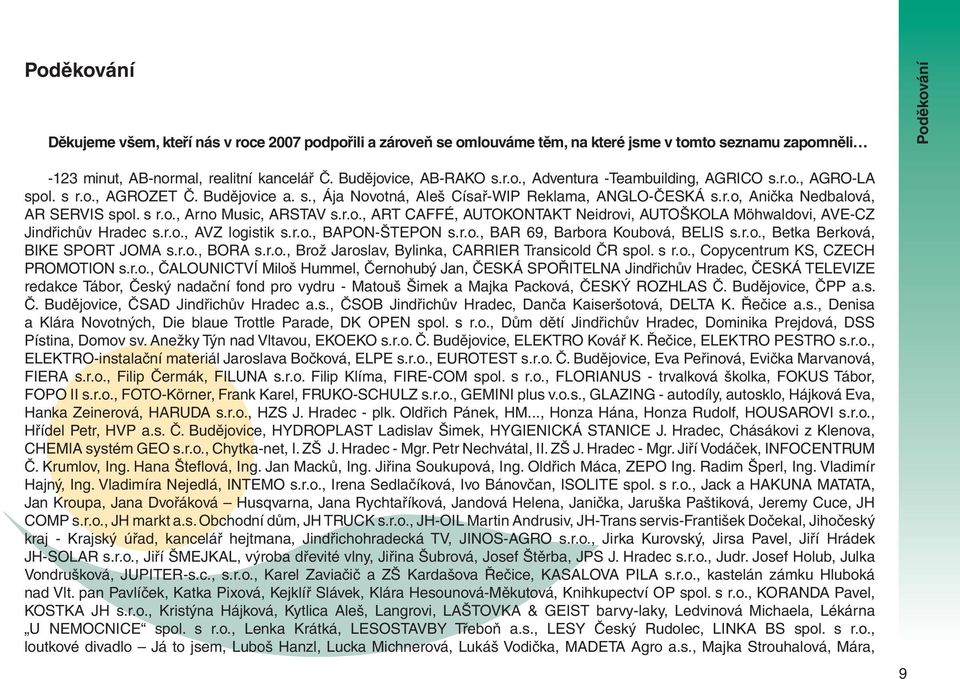 s r.o., Arno Music, ARSTAV s.r.o., ART CAFFÉ, AUTOKONTAKT Neidrovi, AUTOŠKOLA Möhwaldovi, AVE-CZ Jindřichův Hradec s.r.o., AVZ logistik s.r.o., BAPON-ŠTEPON s.r.o., BAR 69, Barbora Koubová, BELIS s.r.o., Betka Berková, BIKE SPORT JOMA s.