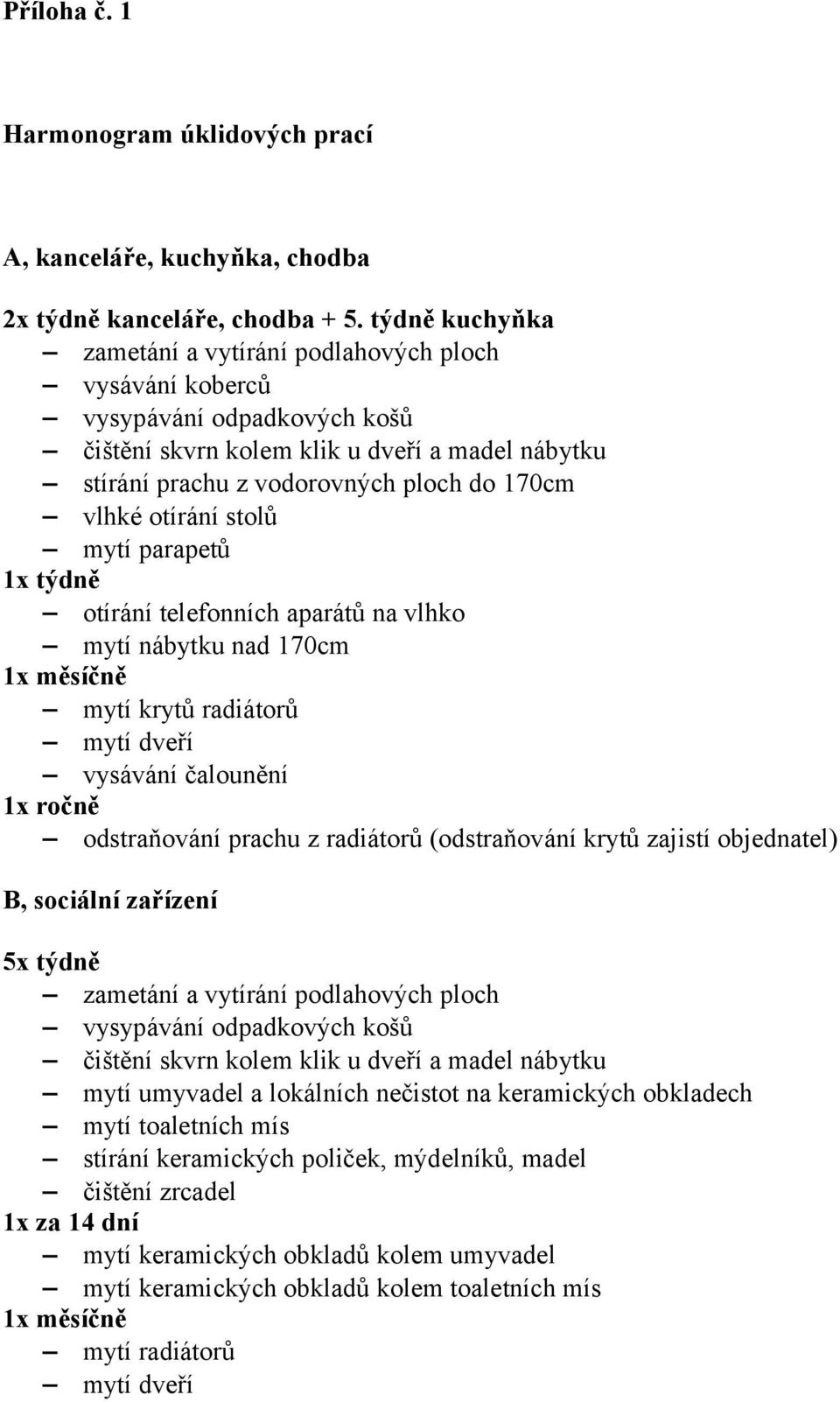 otírání stolů mytí parapetů 1x týdně otírání telefonních aparátů na vlhko mytí nábytku nad 170cm 1x měsíčně mytí krytů radiátorů mytí dveří vysávání čalounění 1x ročně odstraňování prachu z radiátorů