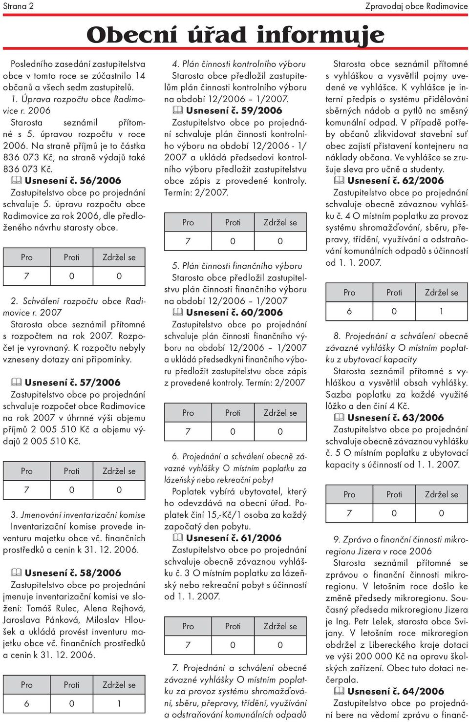 úpravu rozpočtu obce Radimovice za rok 2006, dle předloženého návrhu starosty obce. 2. Schválení rozpočtu obce Radimovice r. 2007 Starosta obce seznámil přítomné s rozpočtem na rok 2007.