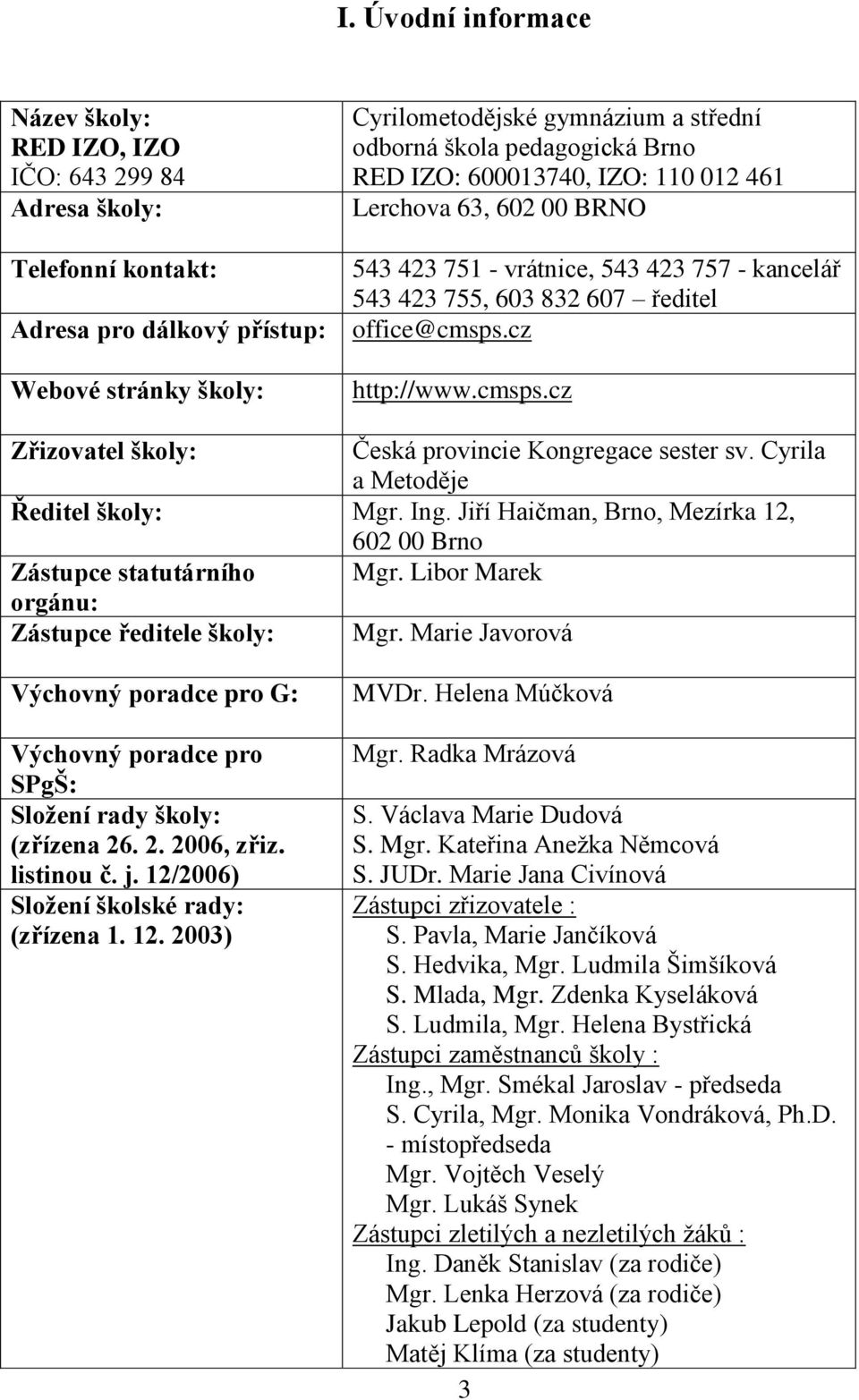 cz http://www.cmsps.cz Zřizovatel školy: Česká provincie Kongregace sester sv. Cyrila a Metoděje Ředitel školy: Mgr. Ing. Jiří Haičman, Brno, Mezírka 12, 602 00 Brno Zástupce statutárního Mgr.