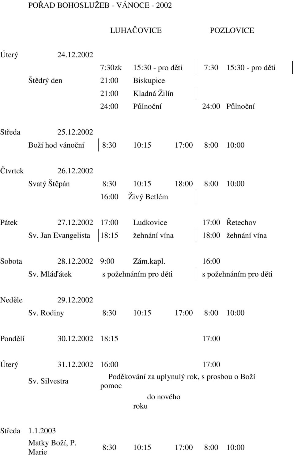 2002 Boží hod vánoční 8:30 10:15 17:00 8:00 10:00 Čtvrtek 26.12.2002 Svatý Štěpán 8:30 10:15 18:00 8:00 10:00 16:00 Živý Betlém Pátek 27.12.2002 17:00 Ludkovice 17:00 Řetechov Sv.