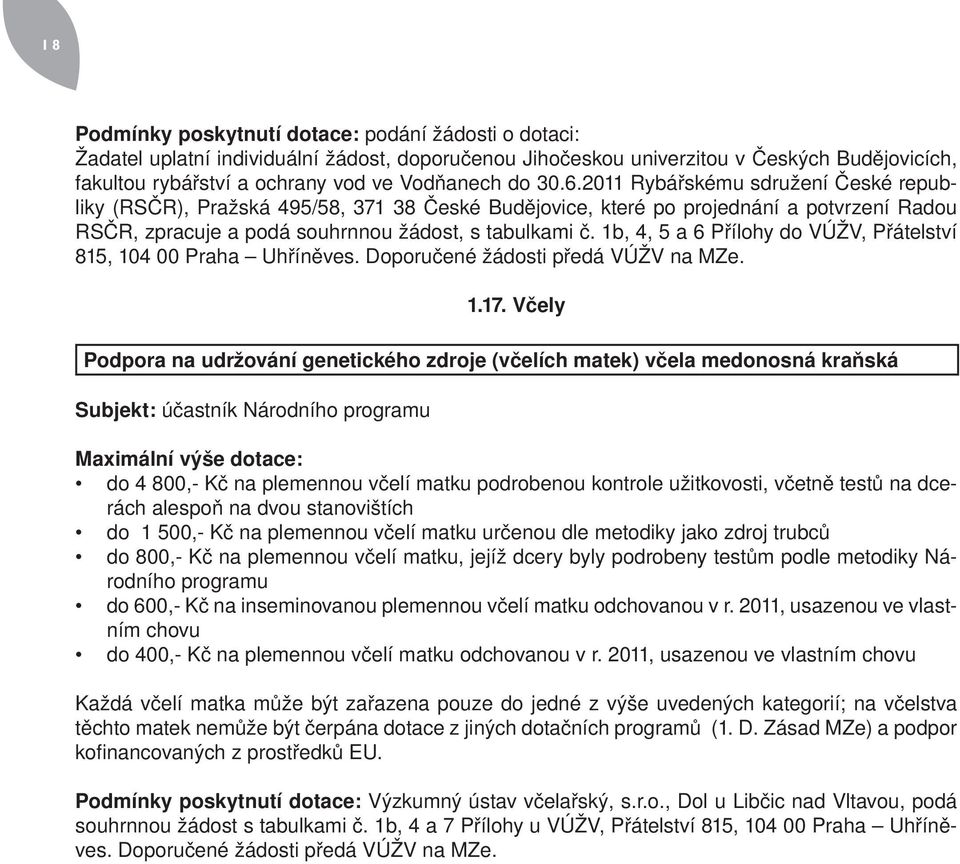 1b, 4, 5 a 6 Přílohy do VÚŽV, Přátelství 815, 104 00 Praha Uhříněves. Doporučené žádosti předá VÚŽV na MZe. 1.17.