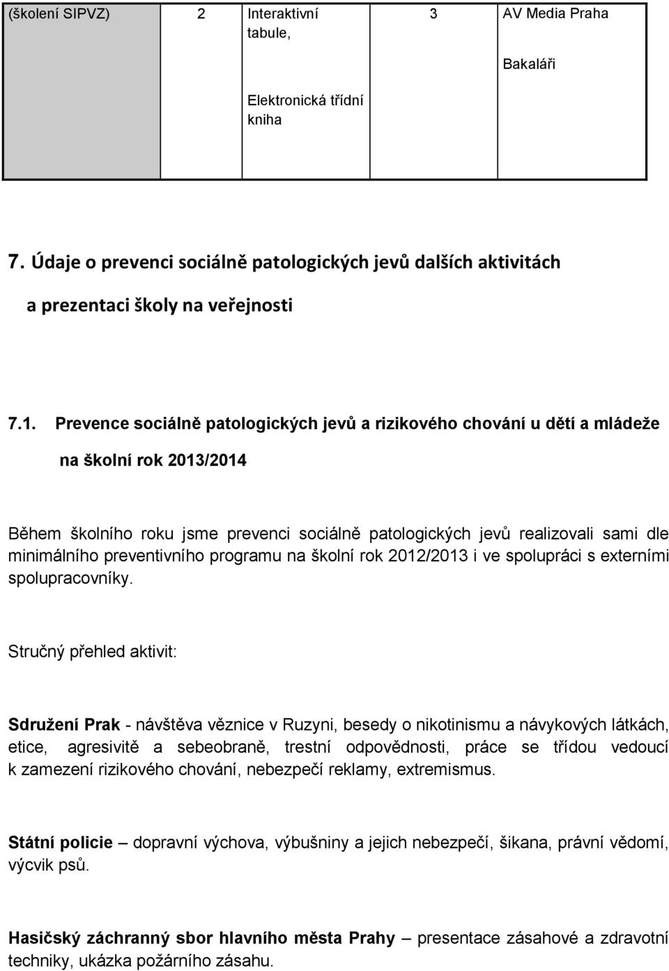 preventivního programu na školní rok 2012/2013 i ve spolupráci s externími spolupracovníky.