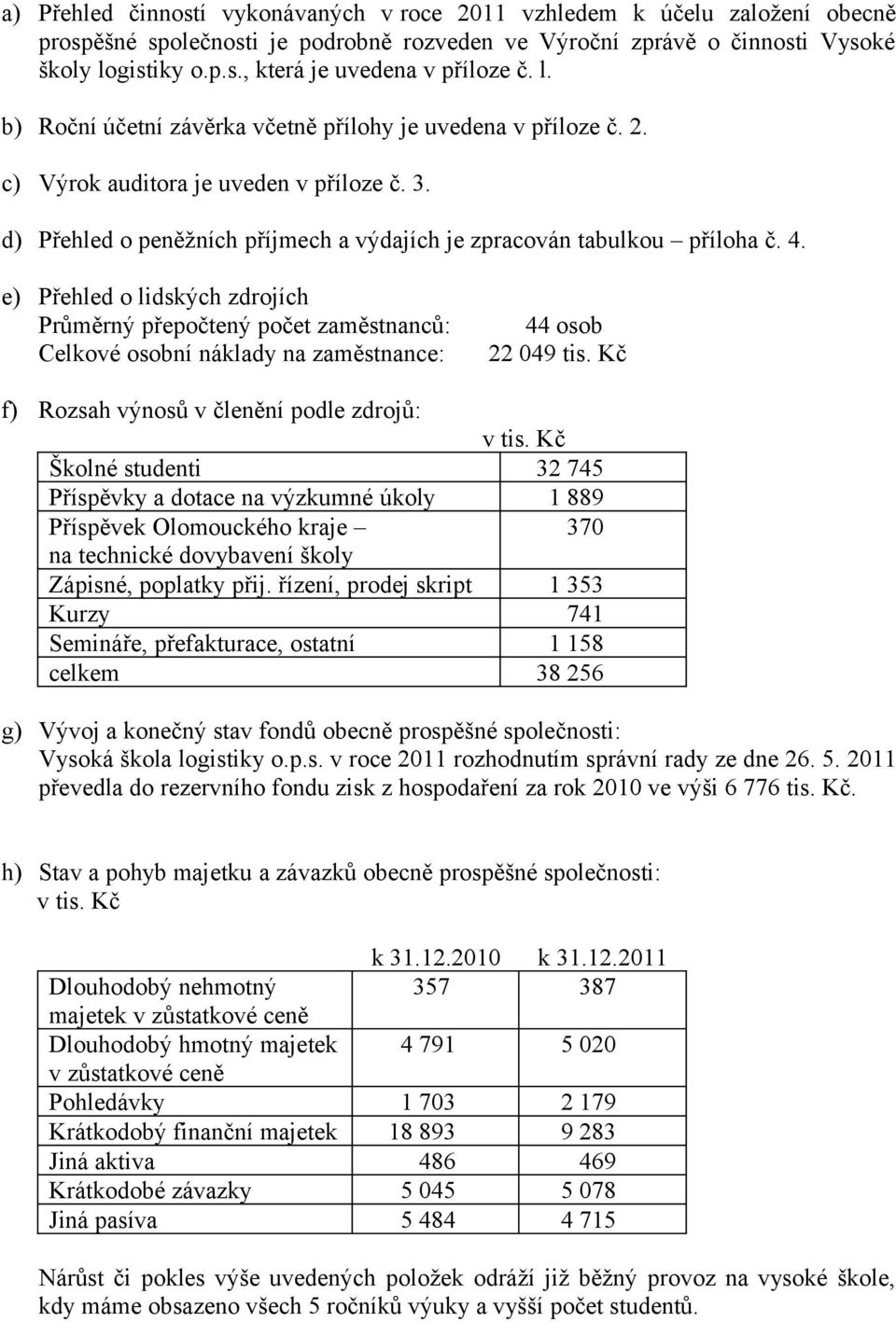 e) Přehled o lidských zdrojích Průměrný přepočtený počet zaměstnanců: Celkové osobní náklady na zaměstnance: 44 osob 22 049 tis. Kč f) Rozsah výnosů v členění podle zdrojů: v tis.