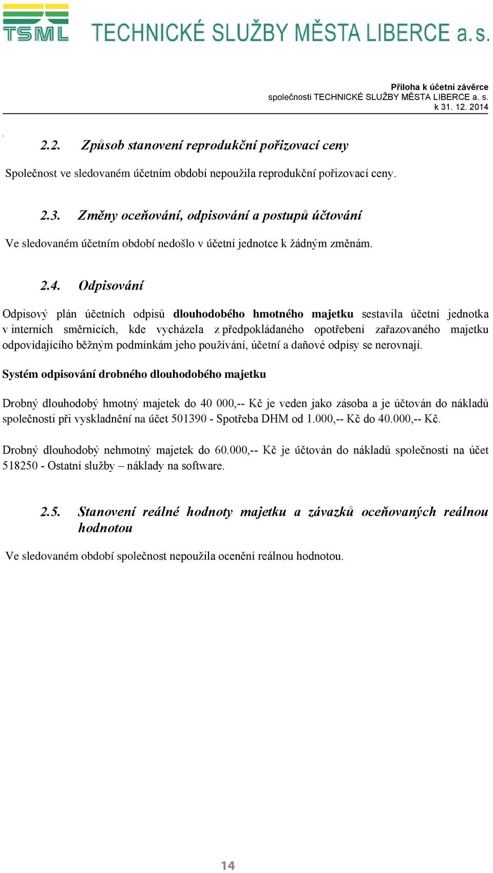 Změny oceňování, odpisování a postupů účtování Ve sledovaném účetním období nedošlo v účetní jednotce k žádným změnám. 2.4.