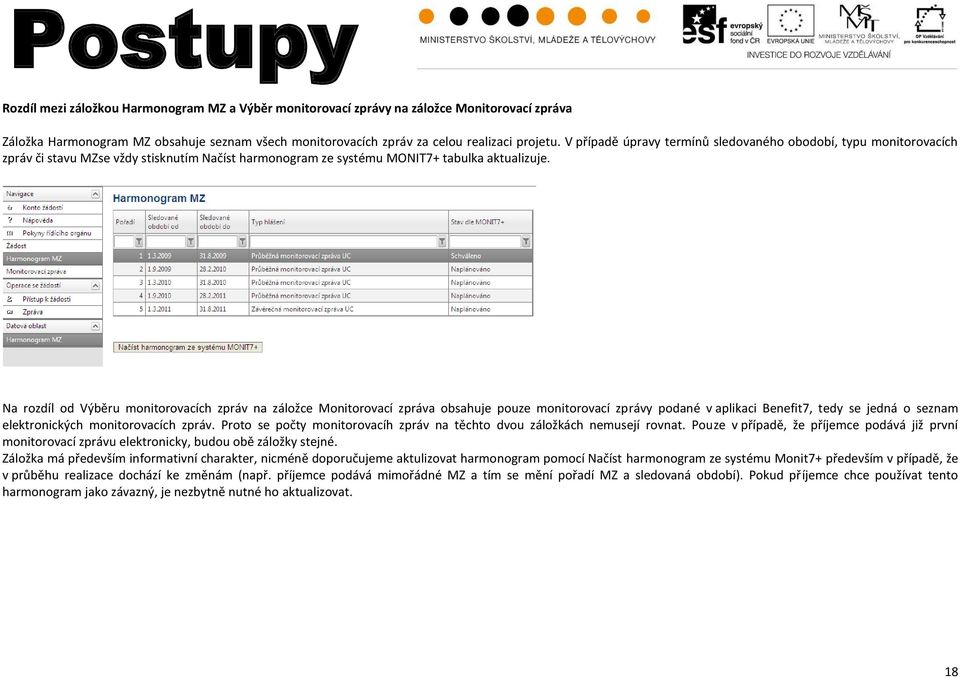 Na rozdíl od Výběru monitorovacích zpráv na záložce Monitorovací zpráva obsahuje pouze monitorovací zprávy podané v aplikaci Benefit7, tedy se jedná o seznam elektronických monitorovacích zpráv.