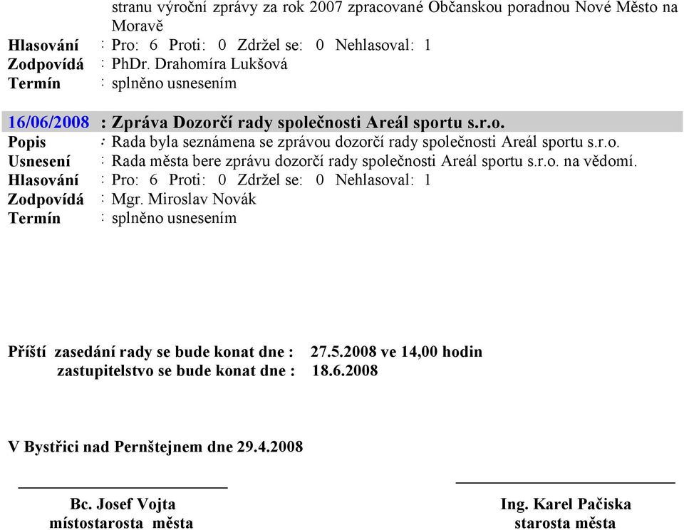 r.o. Usnesení : Rada města bere zprávu dozorčí rady společnosti Areál sportu s.r.o. na vědomí. Zodpovídá : Mgr.