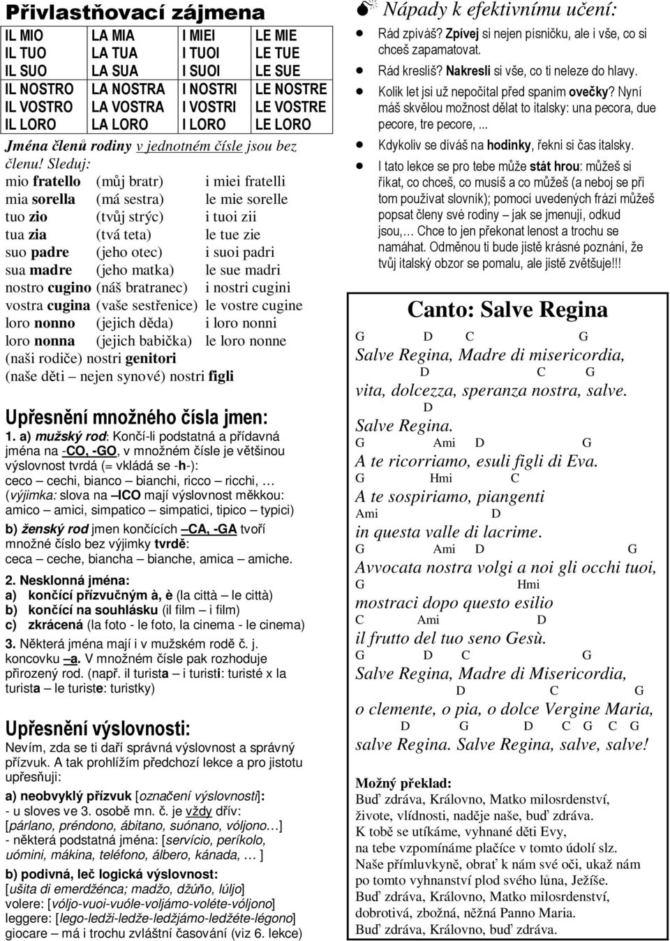 matka) le sue madri nostro cugino (náš bratranec) i nostri cugini vostra cugina (vaše sestenice) le vostre cugine loro nonno (jejich dda) i loro nonni loro nonna (jejich babika) le loro nonne (naši