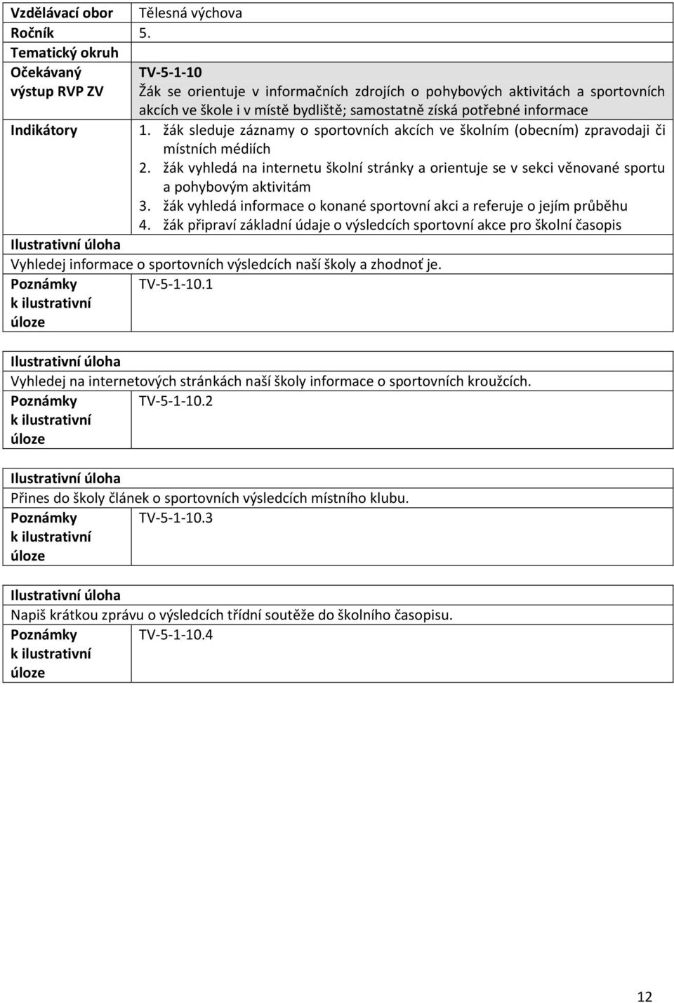 informace Indikátory 1. žák sleduje záznamy o sportovních akcích ve školním (obecním) zpravodaji či místních médiích 2.