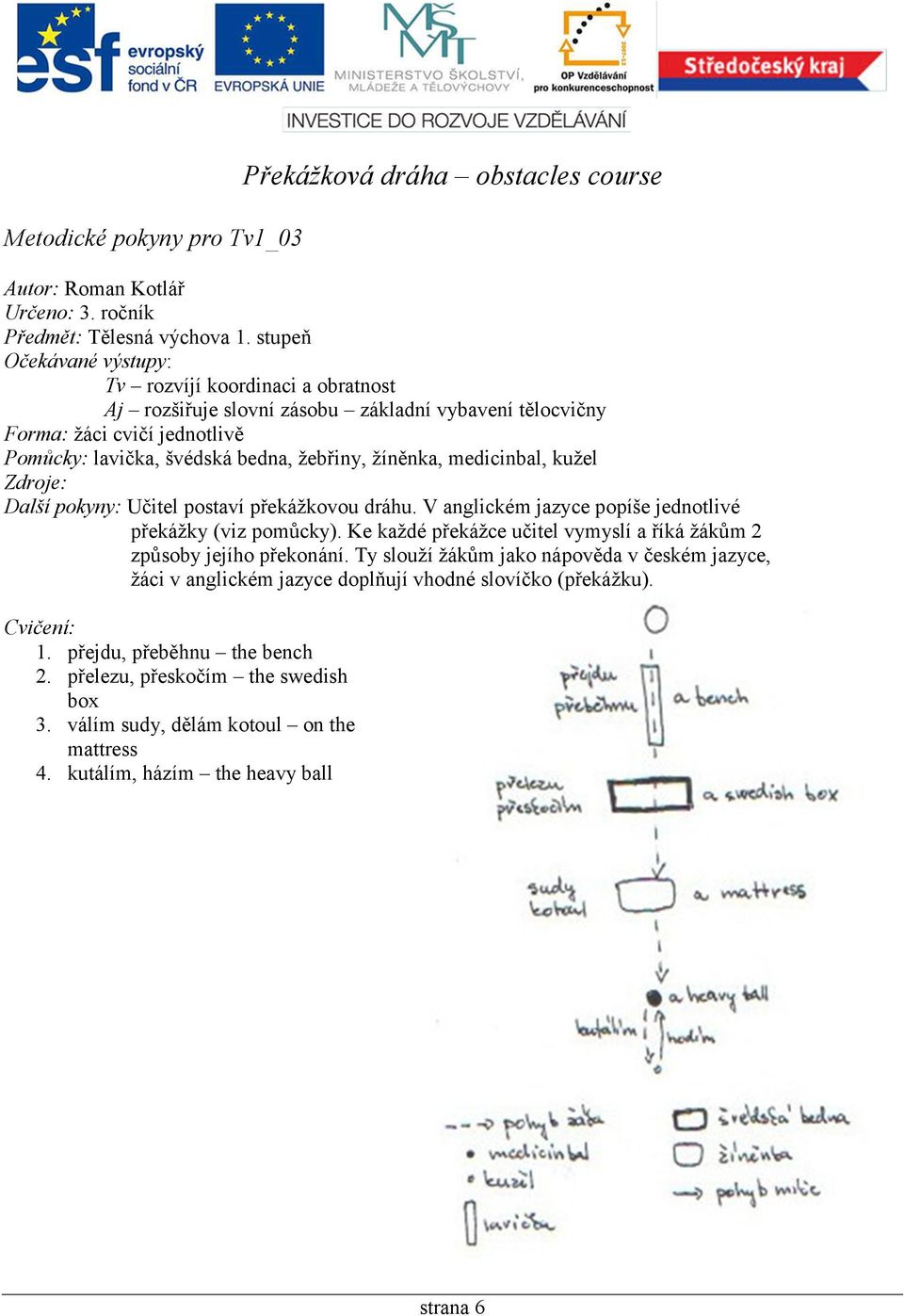 medicinbal, kužel Další pokyny: Učitel postaví překážkovou dráhu. V anglickém jazyce popíše jednotlivé překážky (viz pomůcky).