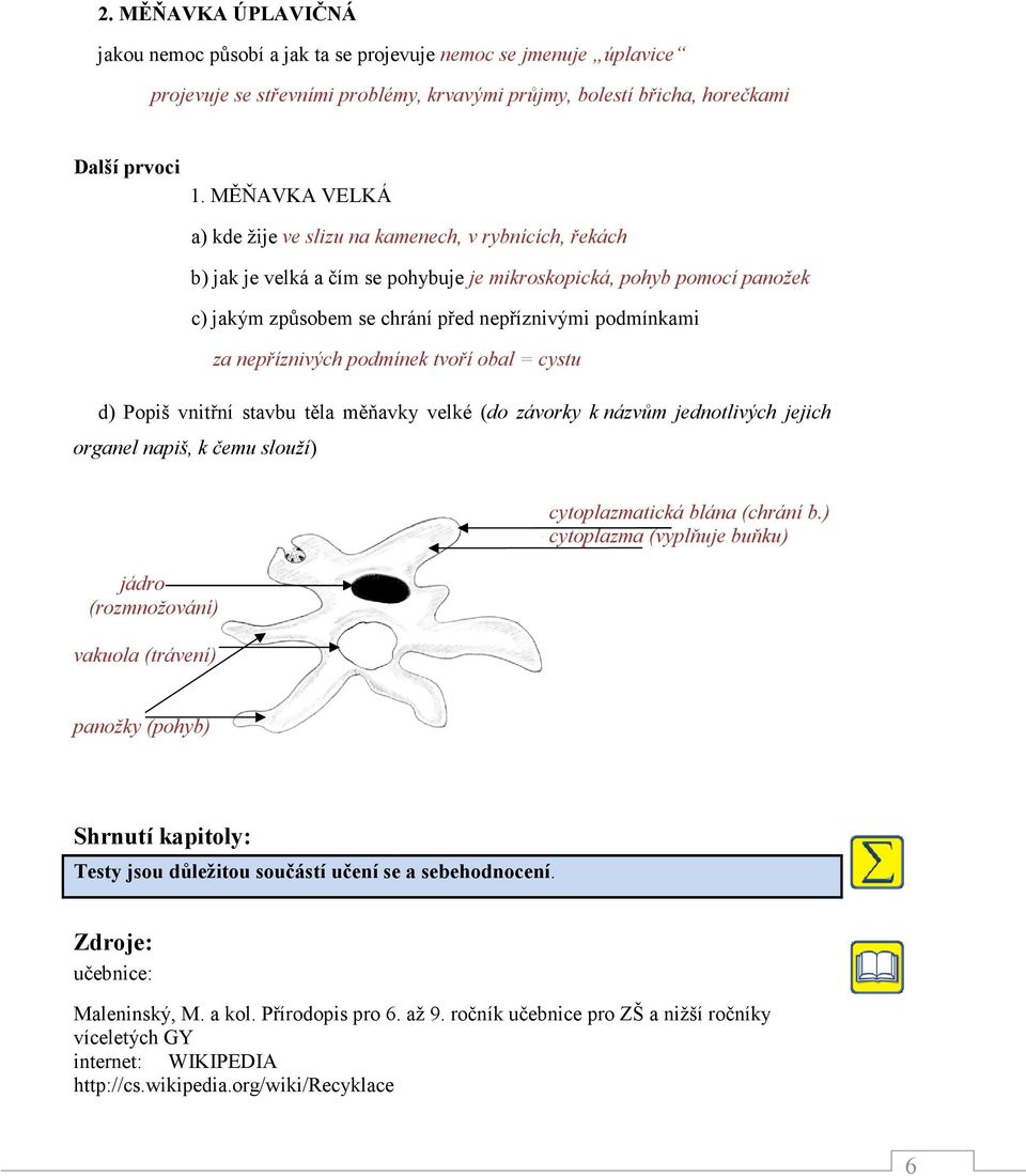 za nepříznivých podmínek tvoří obal = cystu d) Popiš vnitřní stavbu těla měňavky velké (do závorky k názvům jednotlivých jejich jádro (rozmnožování) vakuola (trávení) cytoplazmatická blána (chrání b.