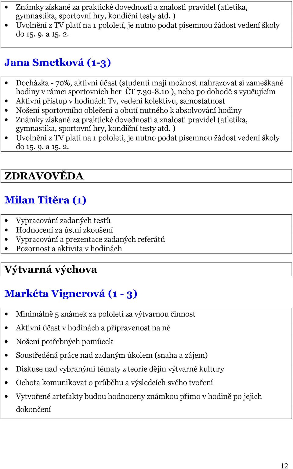 Jana Smetková (1-3) Docházka - 70%, aktivní účast (studenti mají možnost nahrazovat si zameškané hodiny v rámci sportovních her ČT 7.30-8.