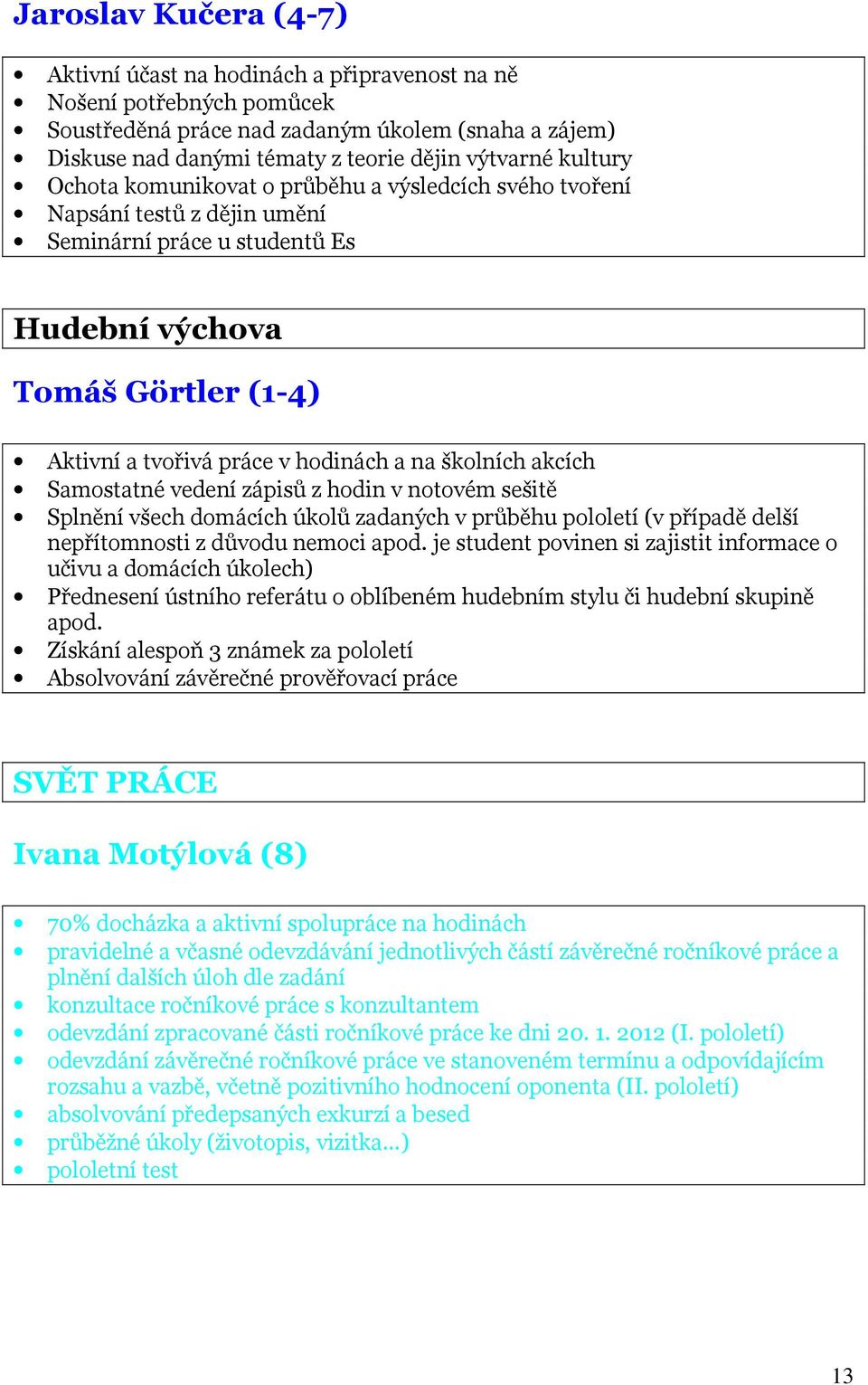 školních akcích Samostatné vedení zápisů z hodin v notovém sešitě Splnění všech domácích úkolů zadaných v průběhu pololetí (v případě delší nepřítomnosti z důvodu nemoci apod.