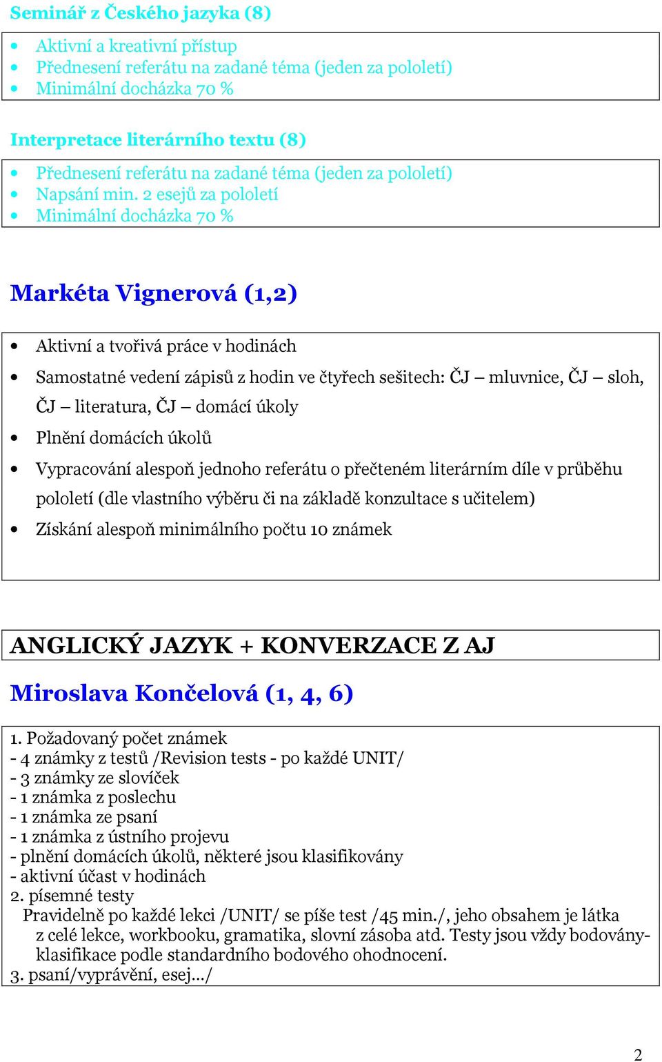 2 esejů za pololetí Minimální docházka 70 % Markéta Vignerová (1,2) Aktivní a tvořivá práce v hodinách Samostatné vedení zápisů z hodin ve čtyřech sešitech: ČJ mluvnice, ČJ sloh, ČJ literatura, ČJ