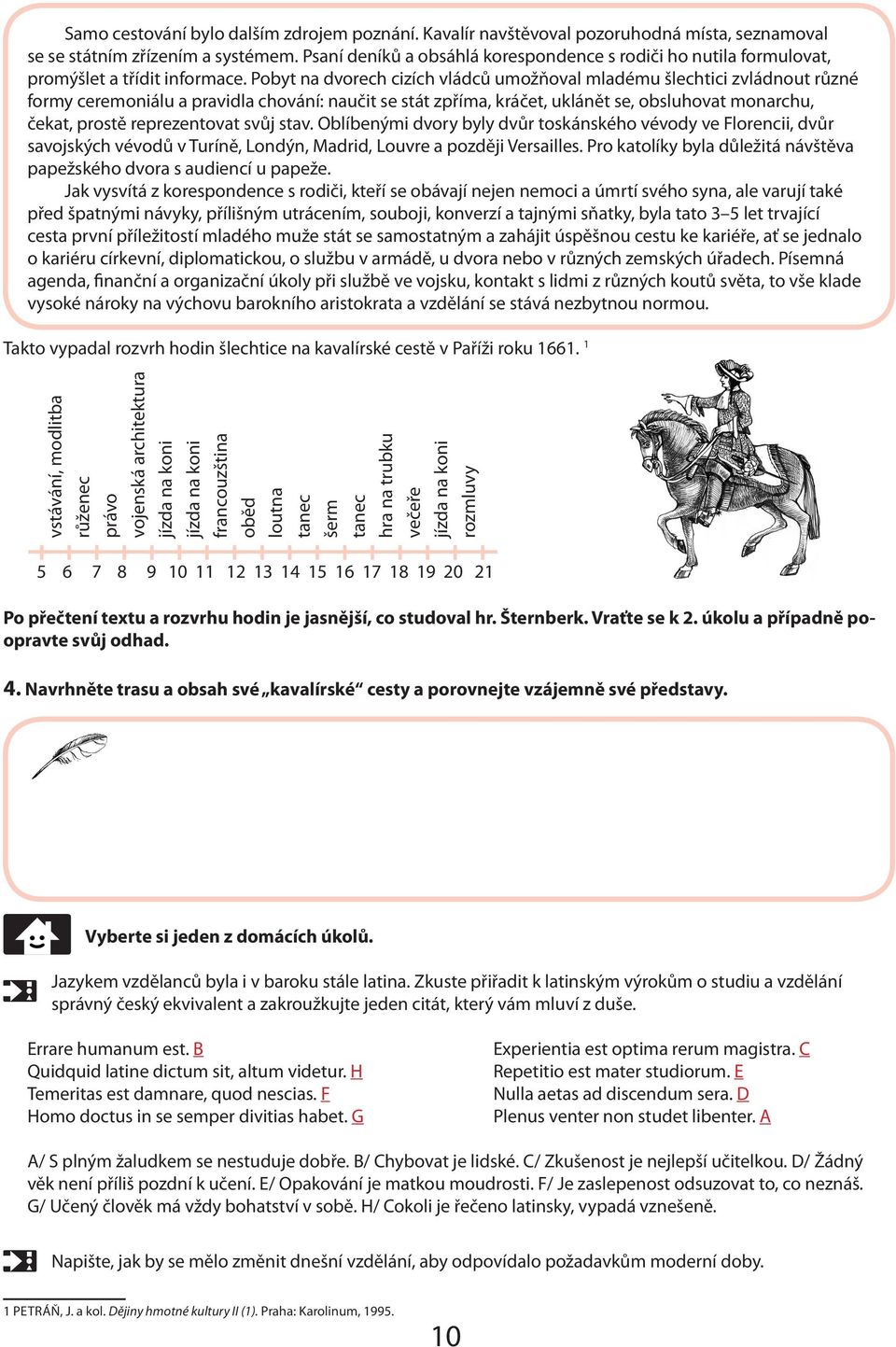 Pobyt na dvorech cizích vládců umožňoval mladému šlechtici zvládnout různé formy ceremoniálu a pravidla chování: naučit se stát zpříma, kráčet, uklánět se, obsluhovat monarchu, čekat, prostě