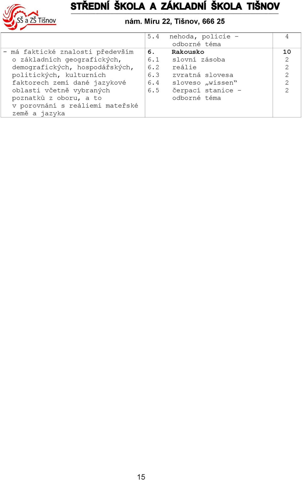 z oboru, a to v porovnání s reáliemi mateřské země a jazyka 5.4 nehoda, policie odborné téma 6.