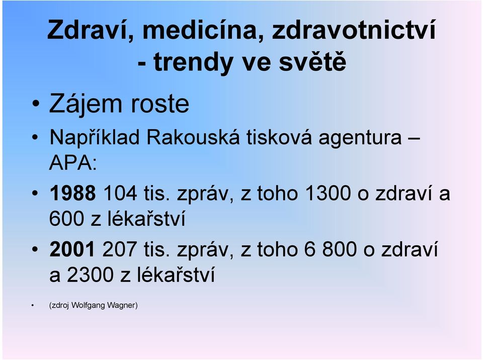 zpráv, z toho 1300 o zdraví a 600 z lékařství 2001 207 tis.