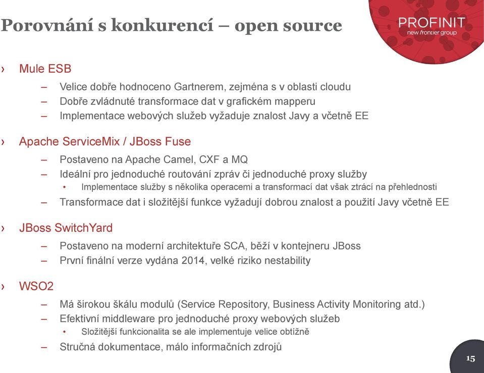 a transformací dat však ztrácí na přehlednosti Transformace dat i složitější funkce vyžadují dobrou znalost a použití Javy včetně EE JBoss SwitchYard Postaveno na moderní architektuře SCA, běží v