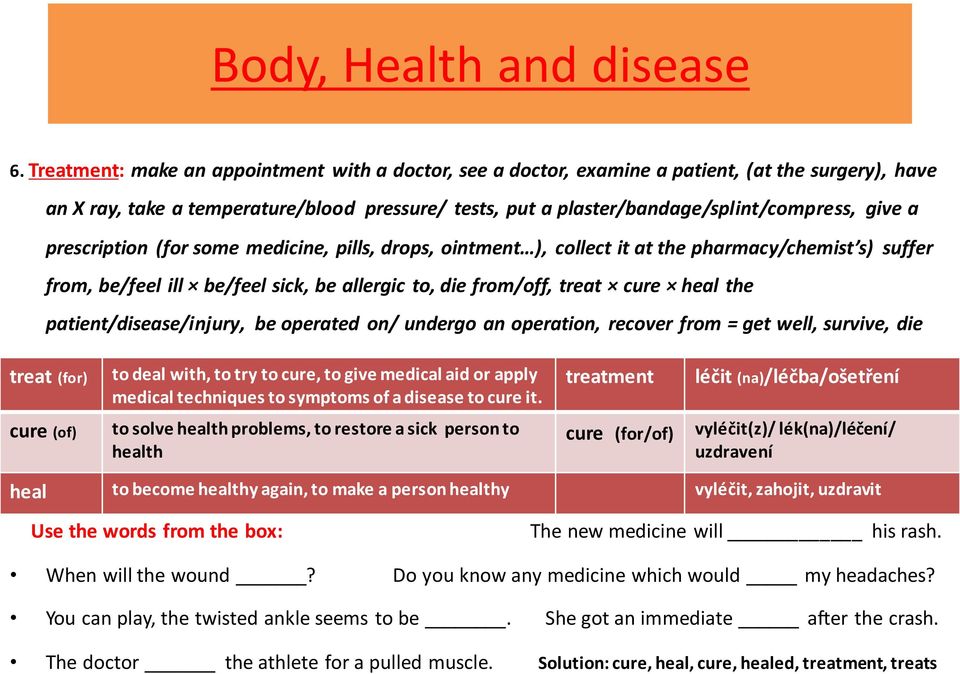 prescription (for some medicine, pills, drops, ointment ), collect it at the pharmacy/chemist s) suffer from, be/feel ill be/feel sick, be allergic to, die from/off, treat cure heal the