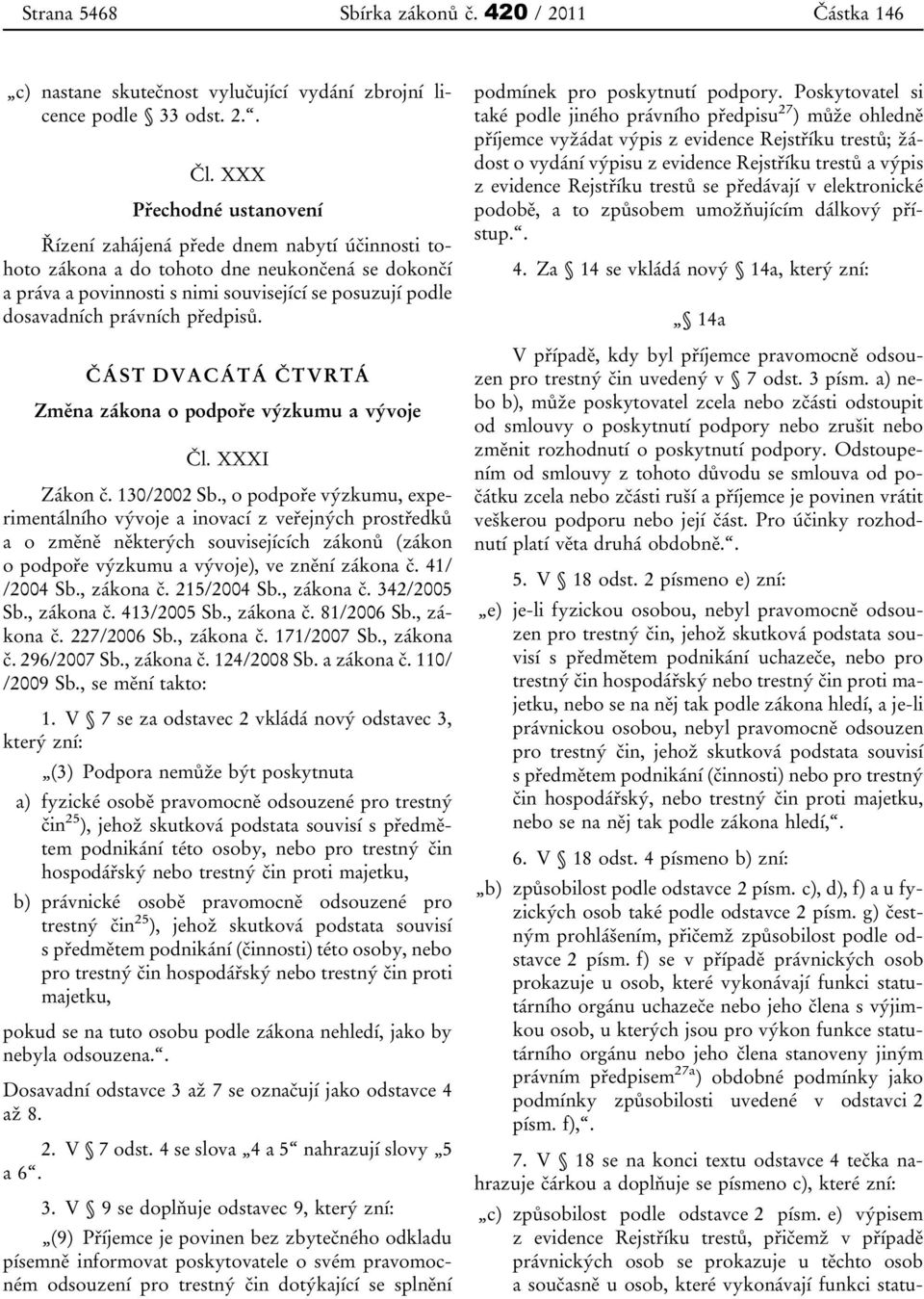 předpisů. ČÁST DVACÁTÁ ČTVRTÁ Změna zákona o podpoře výzkumu a vývoje Čl. XXXI Zákon č. 130/2002 Sb.