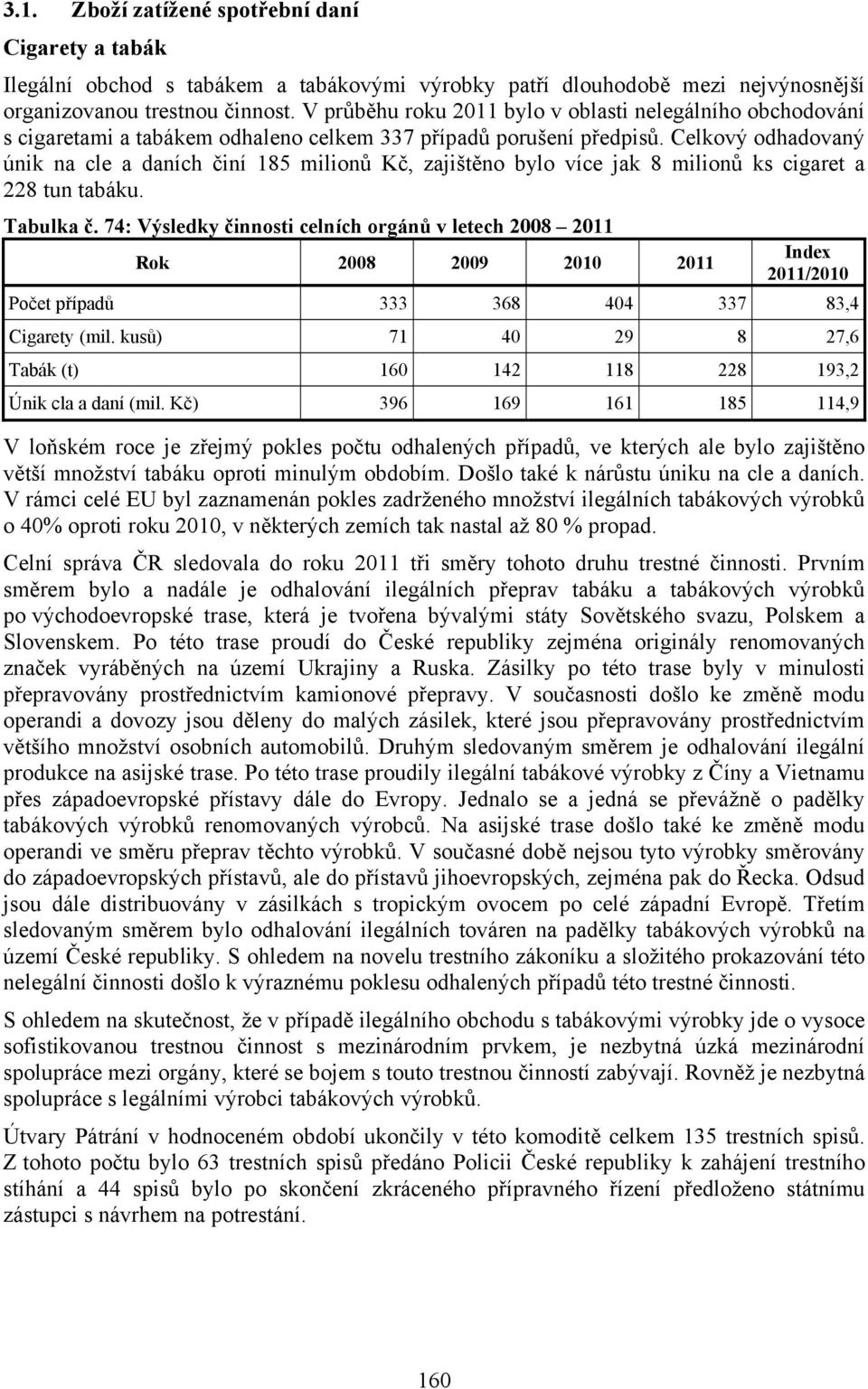 Celkový odhadovaný únik na cle a daních činí 185 milionů Kč, zajištěno bylo více jak 8 milionů ks cigaret a 228 tun tabáku. Tabulka č.