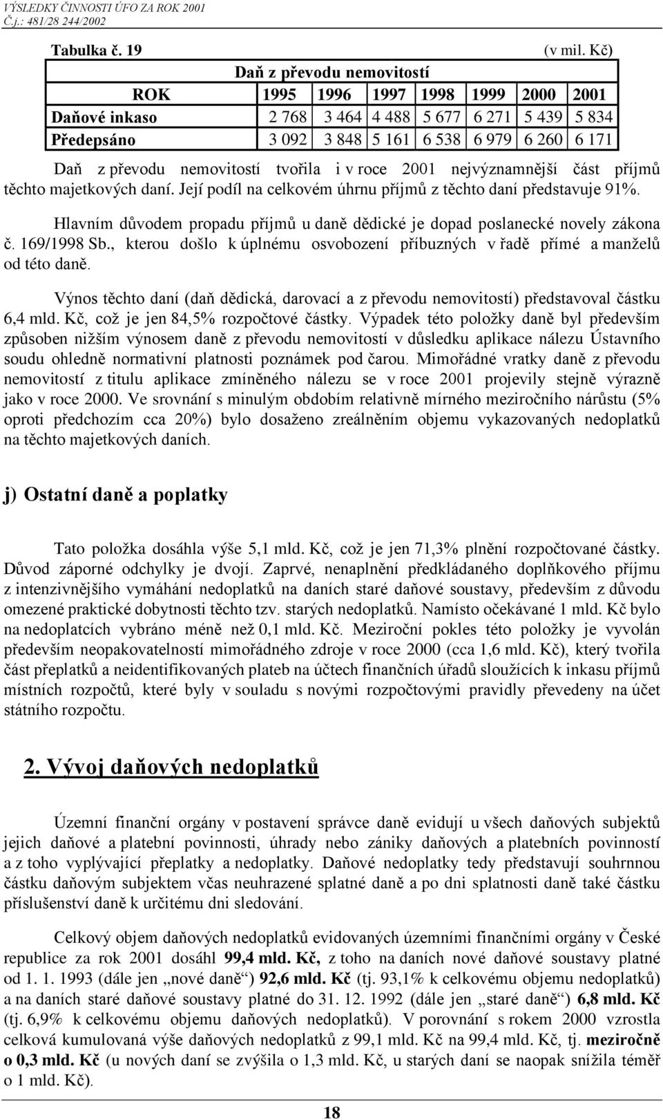 nemovitostí tvořila i v roce 2001 nejvýznamnější část příjmů těchto majetkových daní. Její podíl na celkovém úhrnu příjmů z těchto daní představuje 91%.