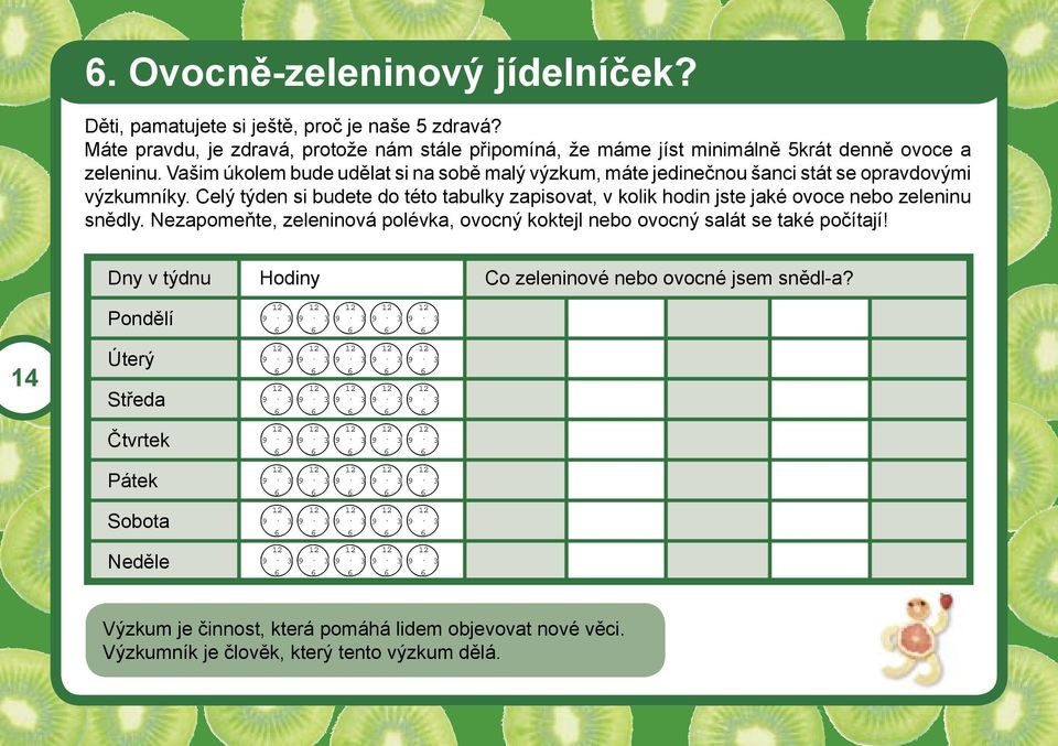 Celý týden si budete do této tabulky zapisovat, v kolik hodin jste jaké ovoce nebo zeleninu snědly. Nezapomeňte, zeleninová polévka, ovocný koktejl nebo ovocný salát se také počítají!