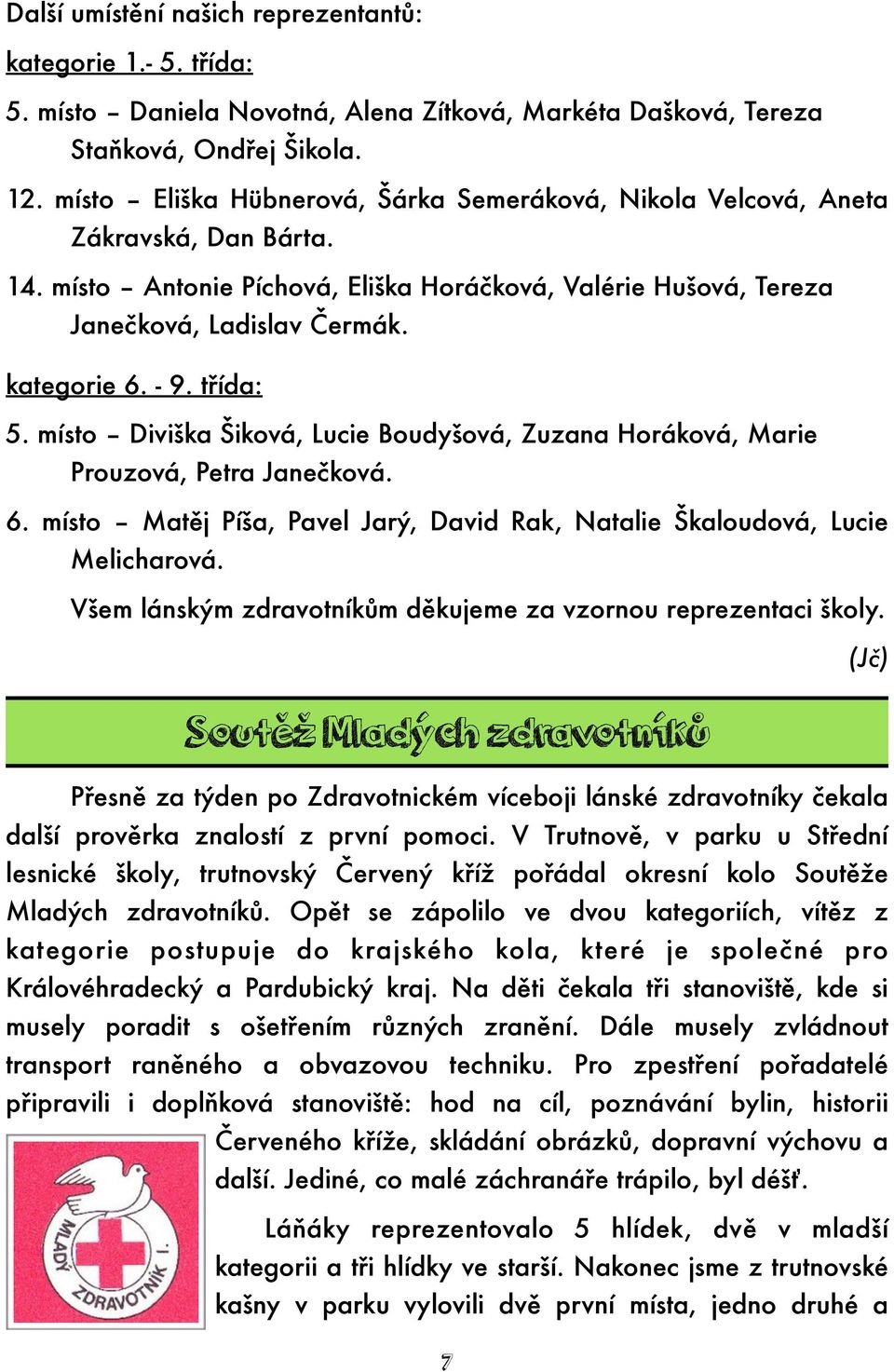 třída: 5. místo Diviška Šiková, Lucie Boudyšová, Zuzana Horáková, Marie Prouzová, Petra Janečková. 6. místo Matěj Píša, Pavel Jarý, David Rak, Natalie Škaloudová, Lucie Melicharová.