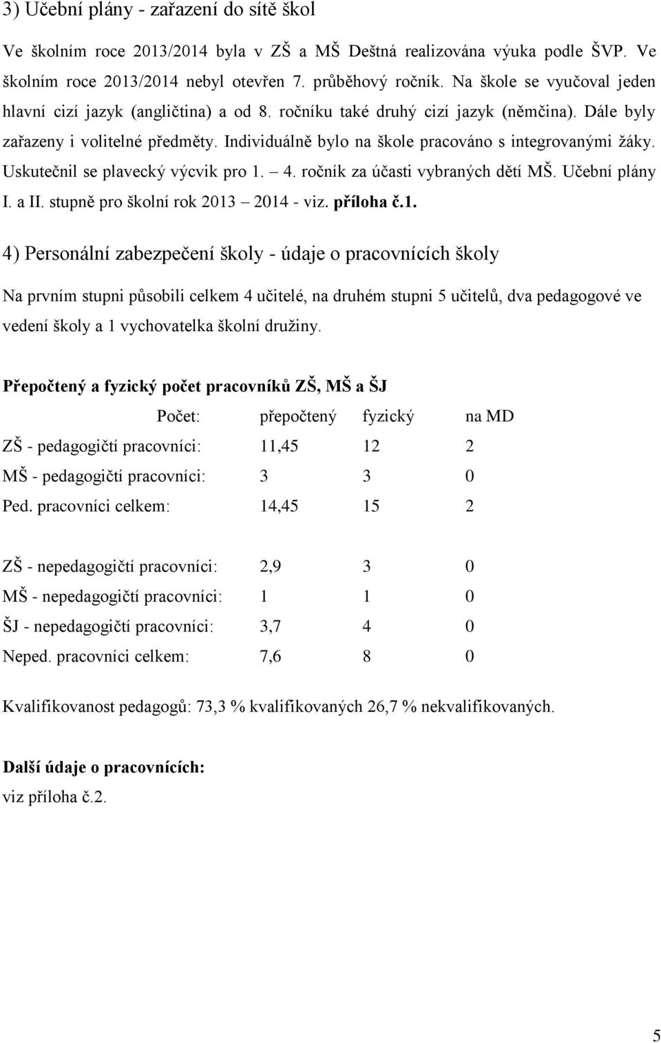 Individuálně bylo na škole pracováno s integrovanými žáky. Uskutečnil se plavecký výcvik pro 1. 4. ročník za účasti vybraných dětí MŠ. Učební plány I. a II. stupně pro školní rok 2013 2014 - viz.