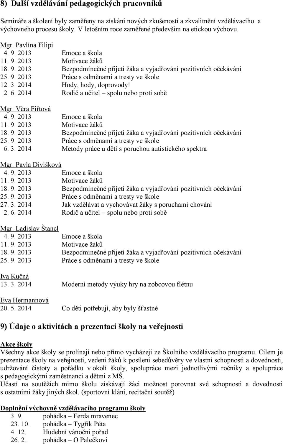 9. 2013 Práce s odměnami a tresty ve škole 12. 3. 2014 Hody, hody, doprovody! 2. 6. 2014 Rodič a učitel spolu nebo proti sobě Mgr. Věra Fiřtová 4. 9. 2013 Emoce a škola 11. 9. 2013 Motivace žáků 18.