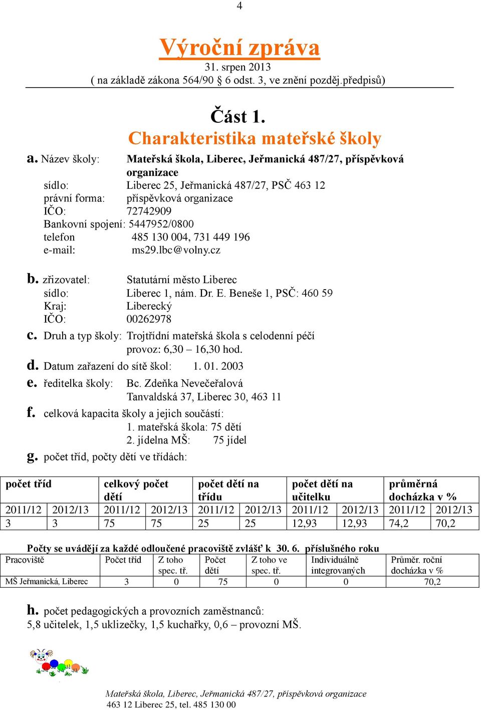5447952/0800 telefon 485 130 004, 731 449 196 e-mail: ms29.lbc@volny.cz b. zřizovatel: Statutární město Liberec sídlo: Liberec 1, nám. Dr. E. Beneše 1, PSČ: 460 59 Kraj: Liberecký IČO: 00262978 c.