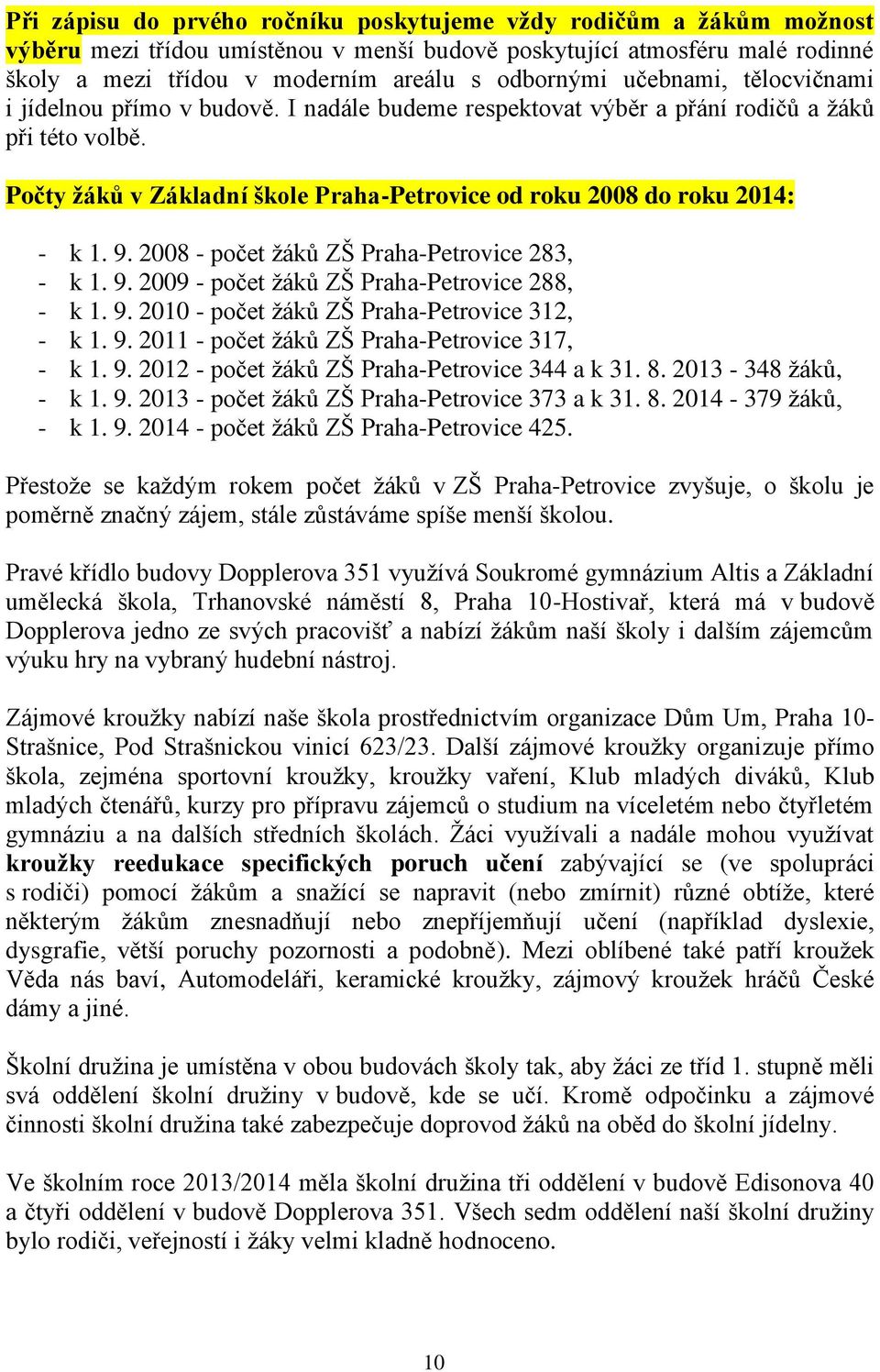 9. 2008 - počet žáků ZŠ Praha-Petrovice 283, - k 1. 9. 2009 - počet žáků ZŠ Praha-Petrovice 288, - k 1. 9. 2010 - počet žáků ZŠ Praha-Petrovice 312, - k 1. 9. 2011 - počet žáků ZŠ Praha-Petrovice 317, - k 1.