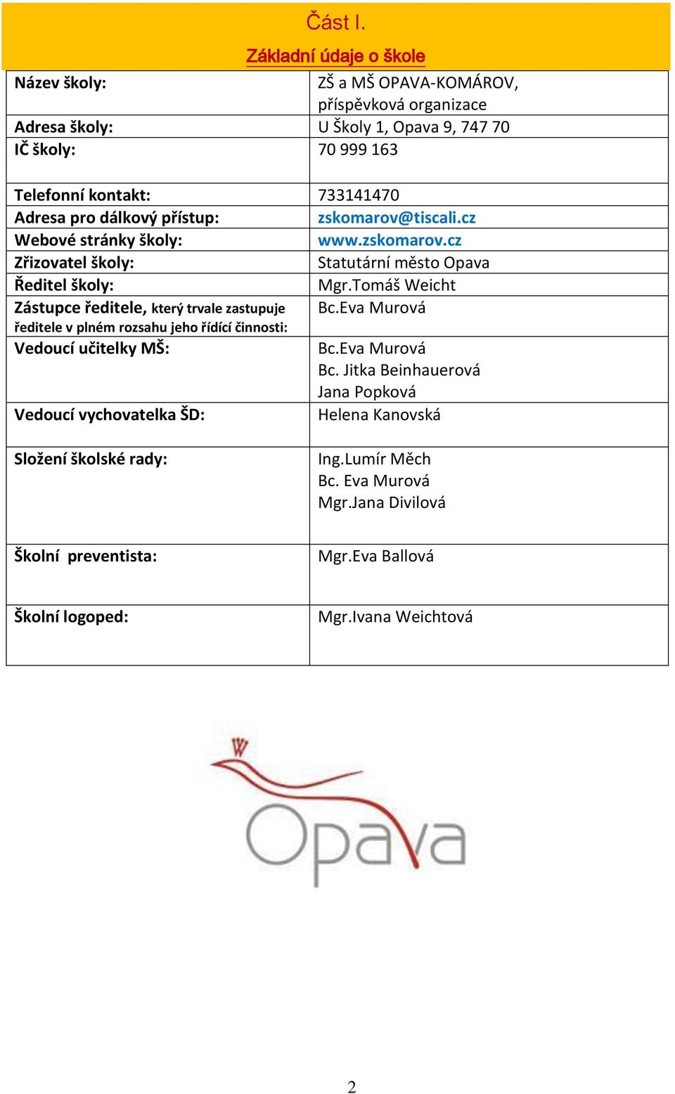 Adresa pro dálkový přístup: zskomarov@tiscali.cz Webové stránky školy: www.zskomarov.cz Zřizovatel školy: Statutární město Opava Ředitel školy: Mgr.